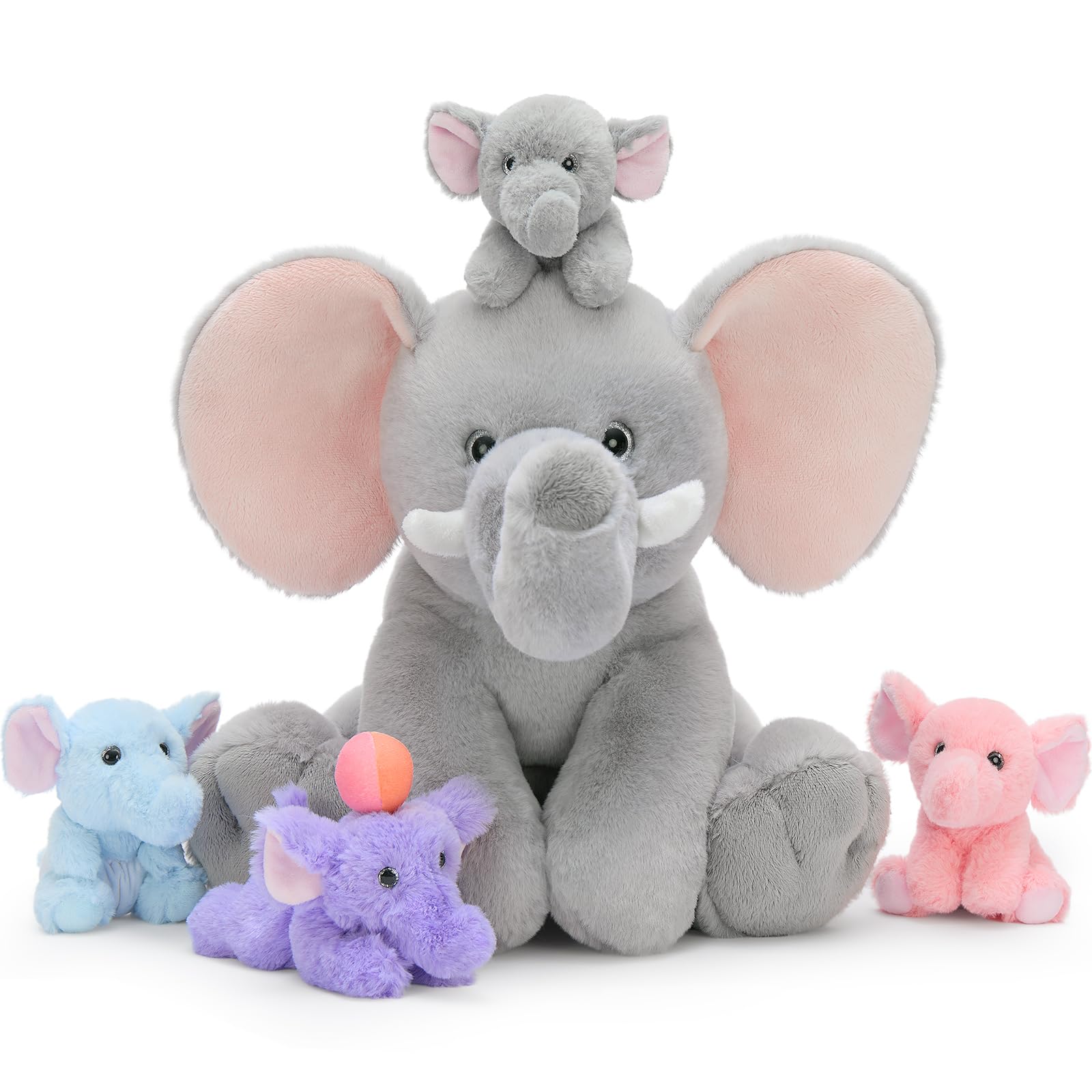 MorisMos Elefante Peluche 40cm con 4 Bambini, Blu