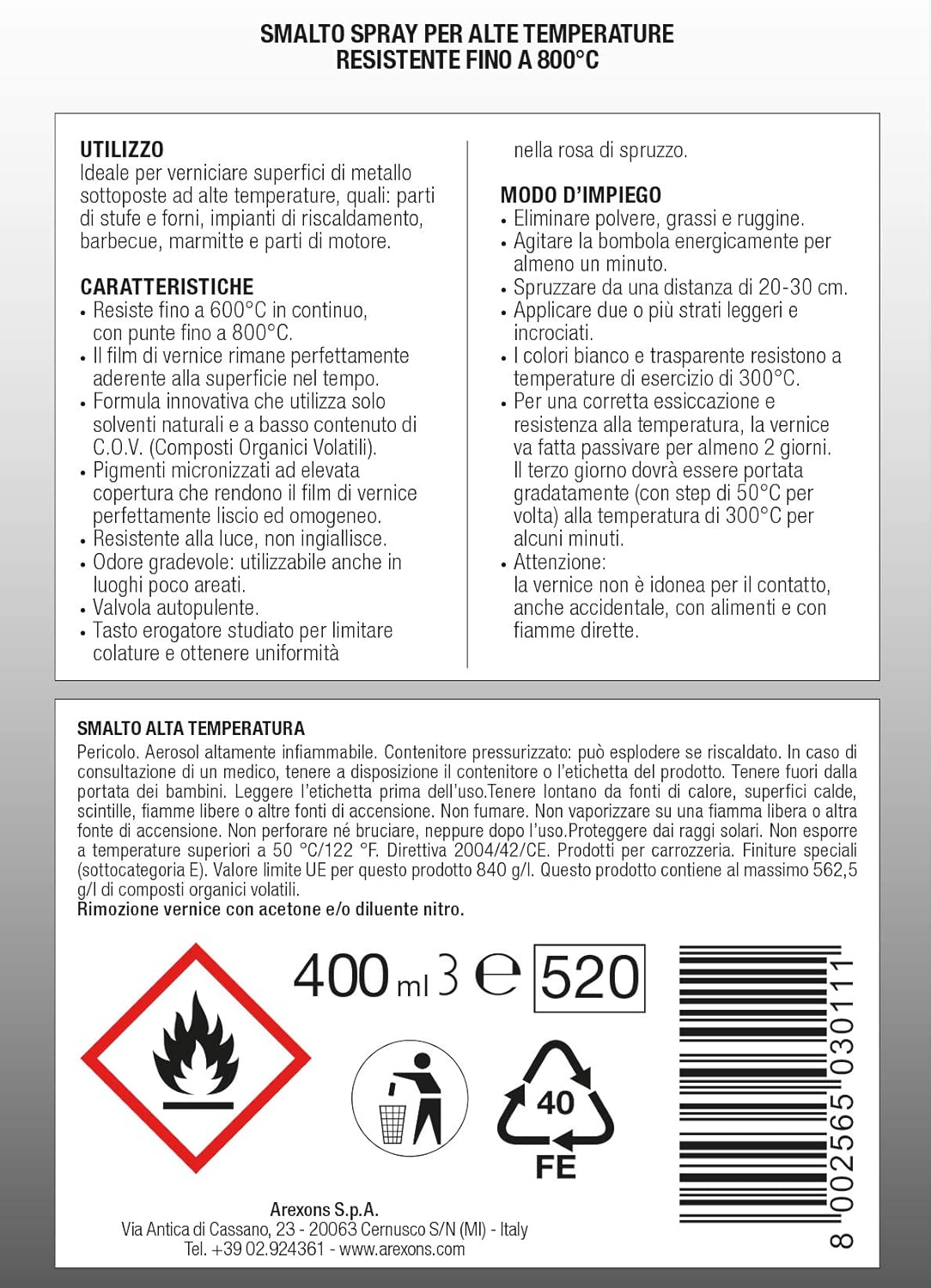 Arexons Smalto Spray 100% Acrilico Alta Temperatura 400ml - immagine 3