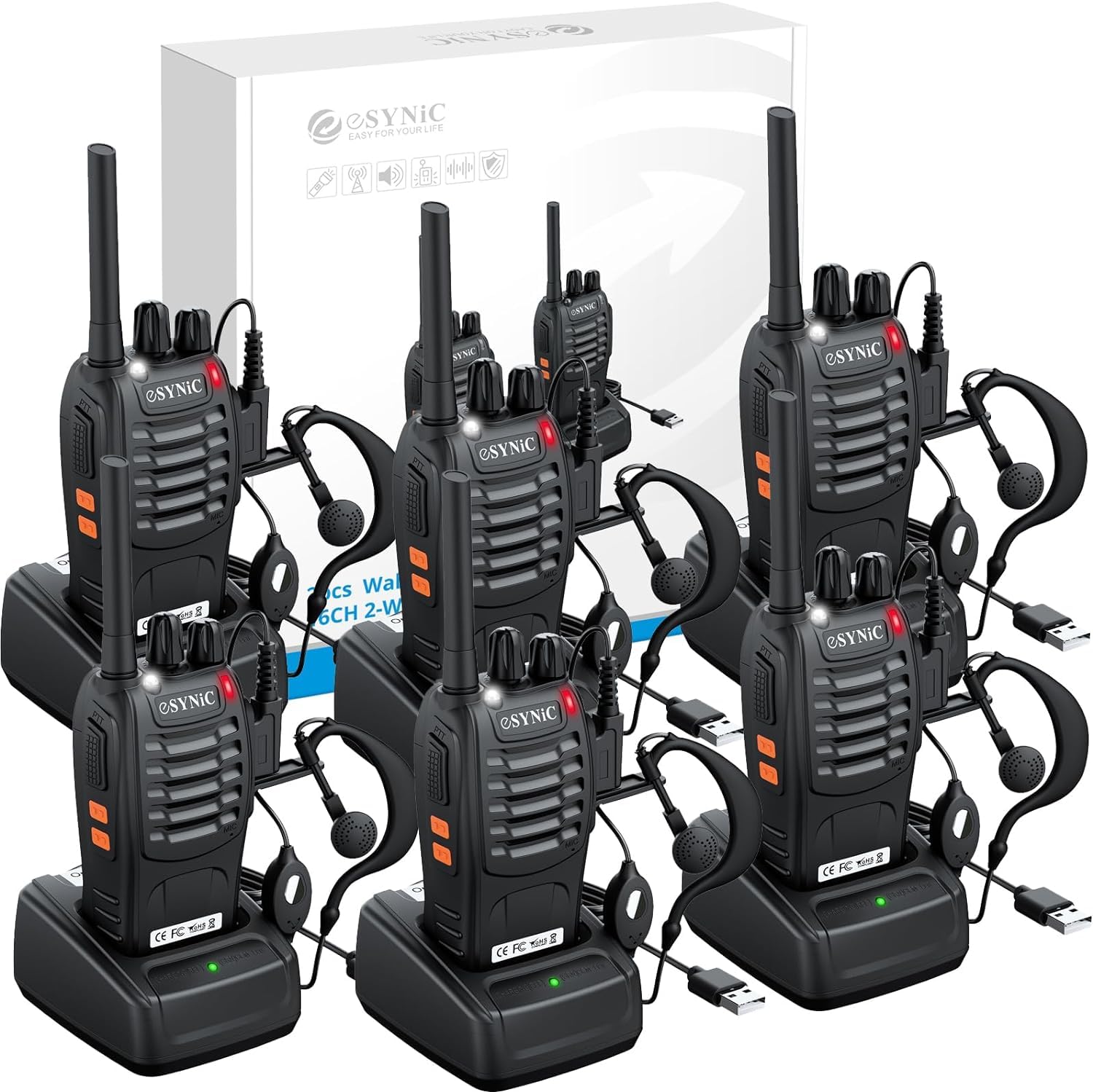Esynic Walkie Talkie Ricaricabile PMR446MHz 6 Pezzi