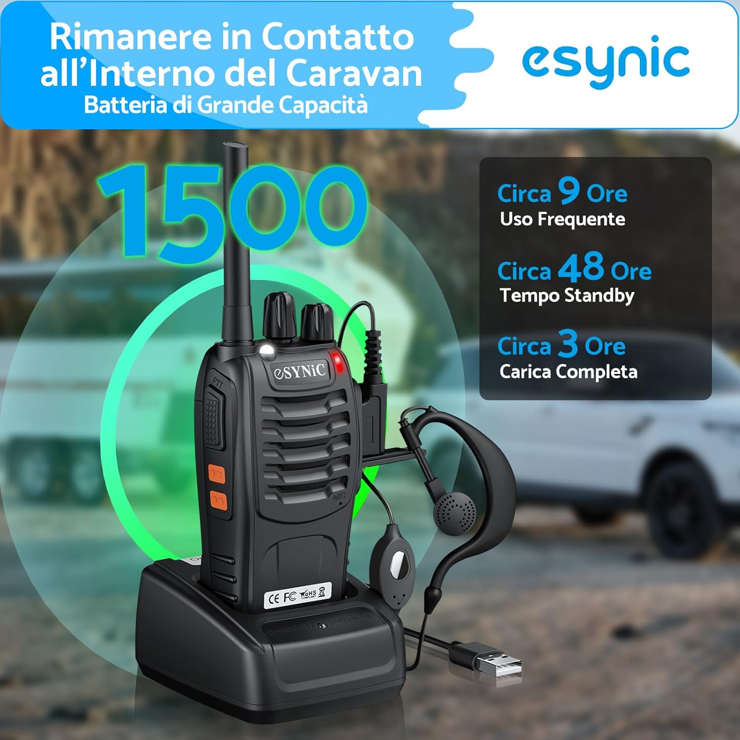 Esynic Walkie Talkie Ricaricabile PMR446MHz 6 Pezzi - immagine 5