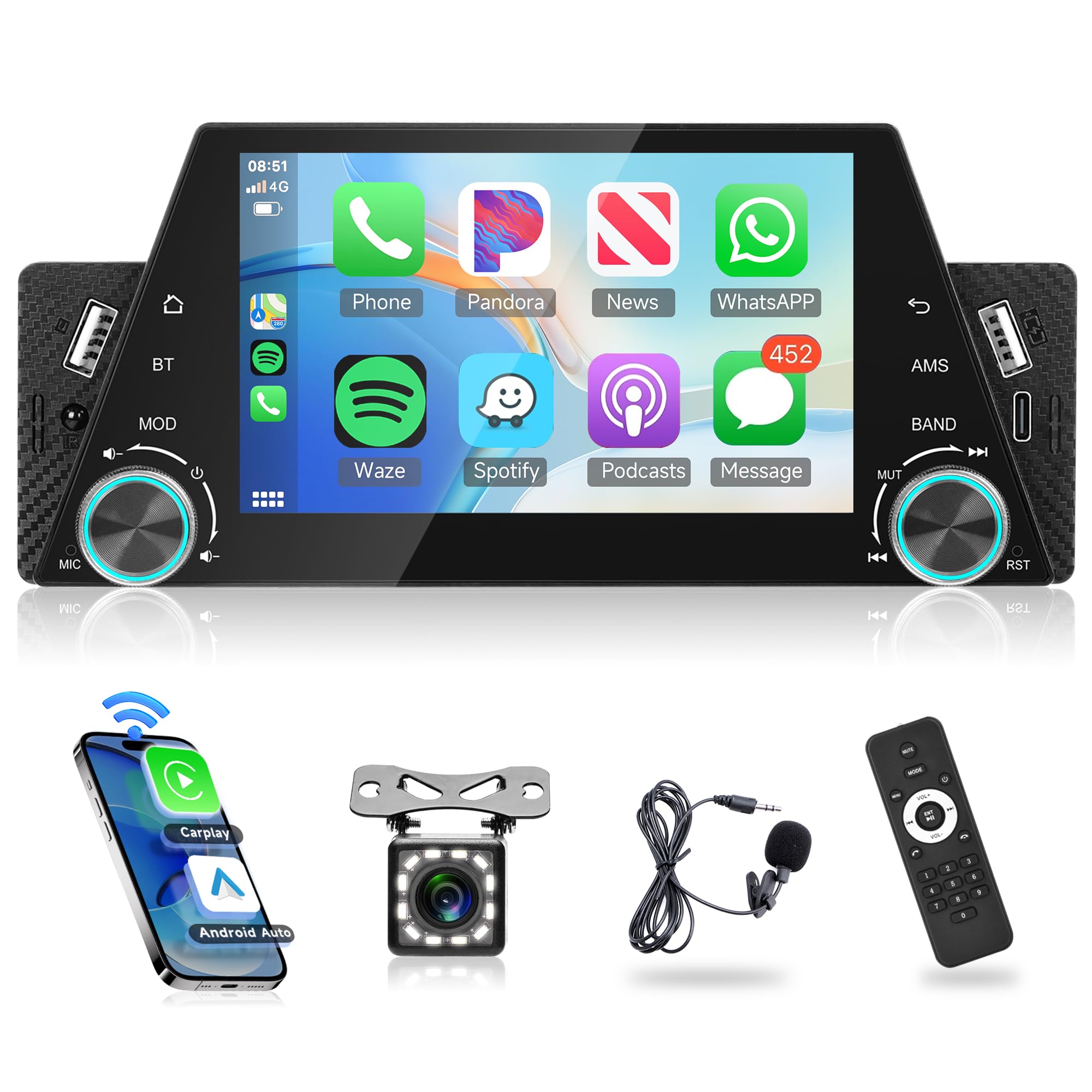 Rimoody Autoradio 1 DIN Wireless Carplay 5 Pollici