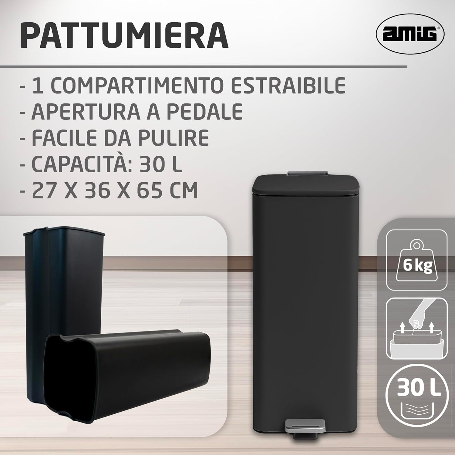 Amig Pattumiera con pedale 30 litri, Nera - immagine 2