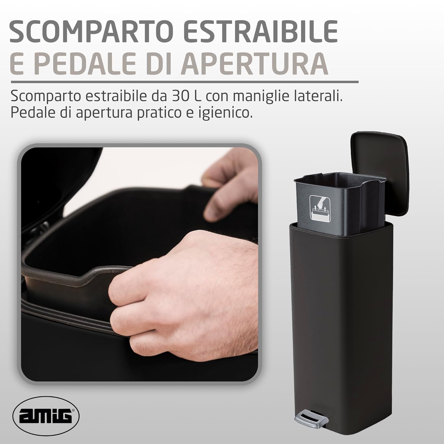 Amig Pattumiera con pedale 30 litri, Nera - immagine 3