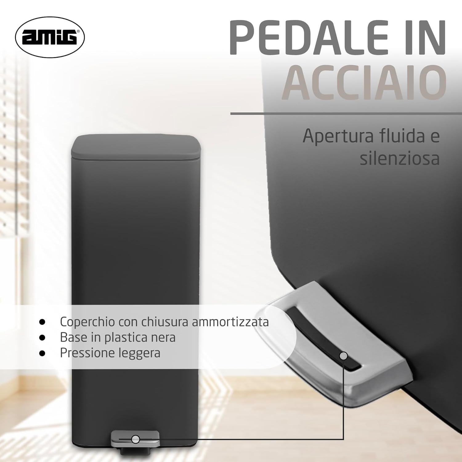 Amig Pattumiera con pedale 30 litri, Nera - immagine 4