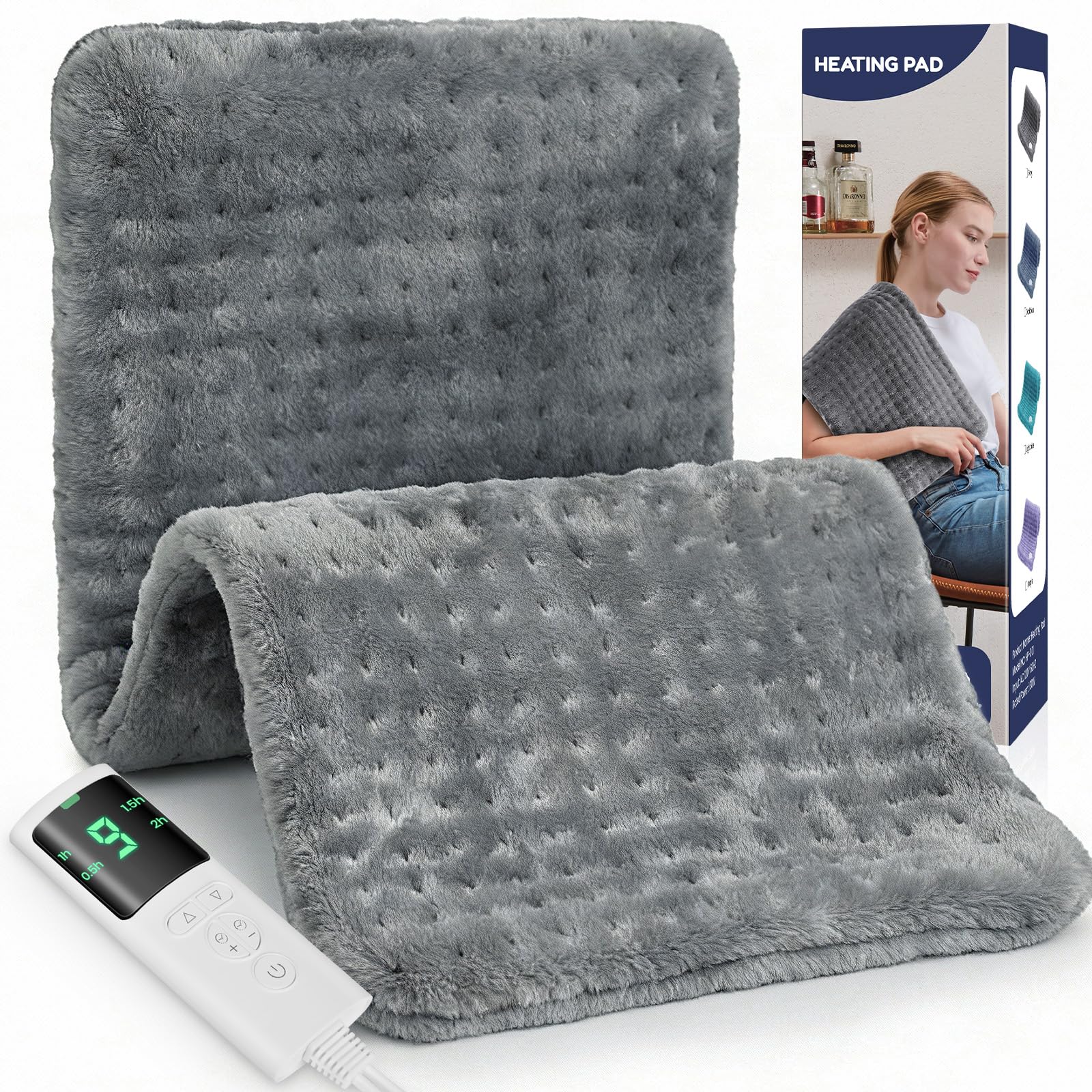 Termoforo Elettrico – per Addome, Schiena, Spalle, 9 Livelli Di Temperatura, 4 Timer, Spegnimento Automatico, Cuscino Riscaldante Lavabile in Lavatrice Termoforo, Regalo di Natale– Grigio (60x30 cm)