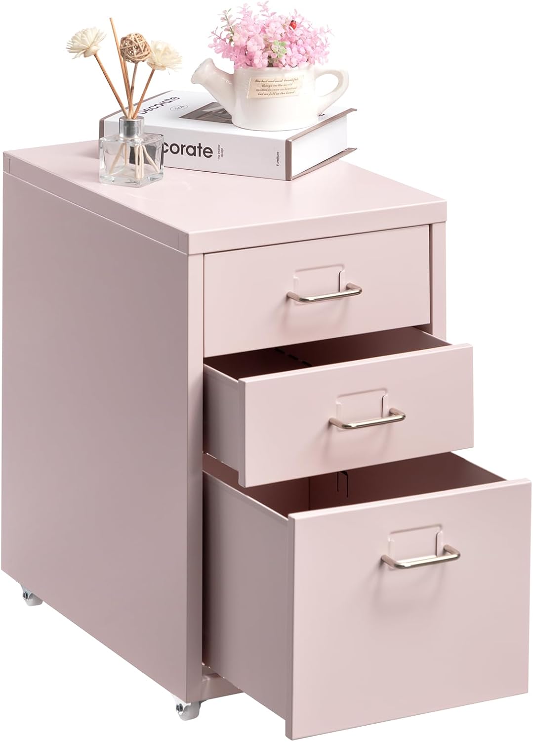 Hollyhome Classificatore Mobile con 3 Cassetti, Rosa Chiaro