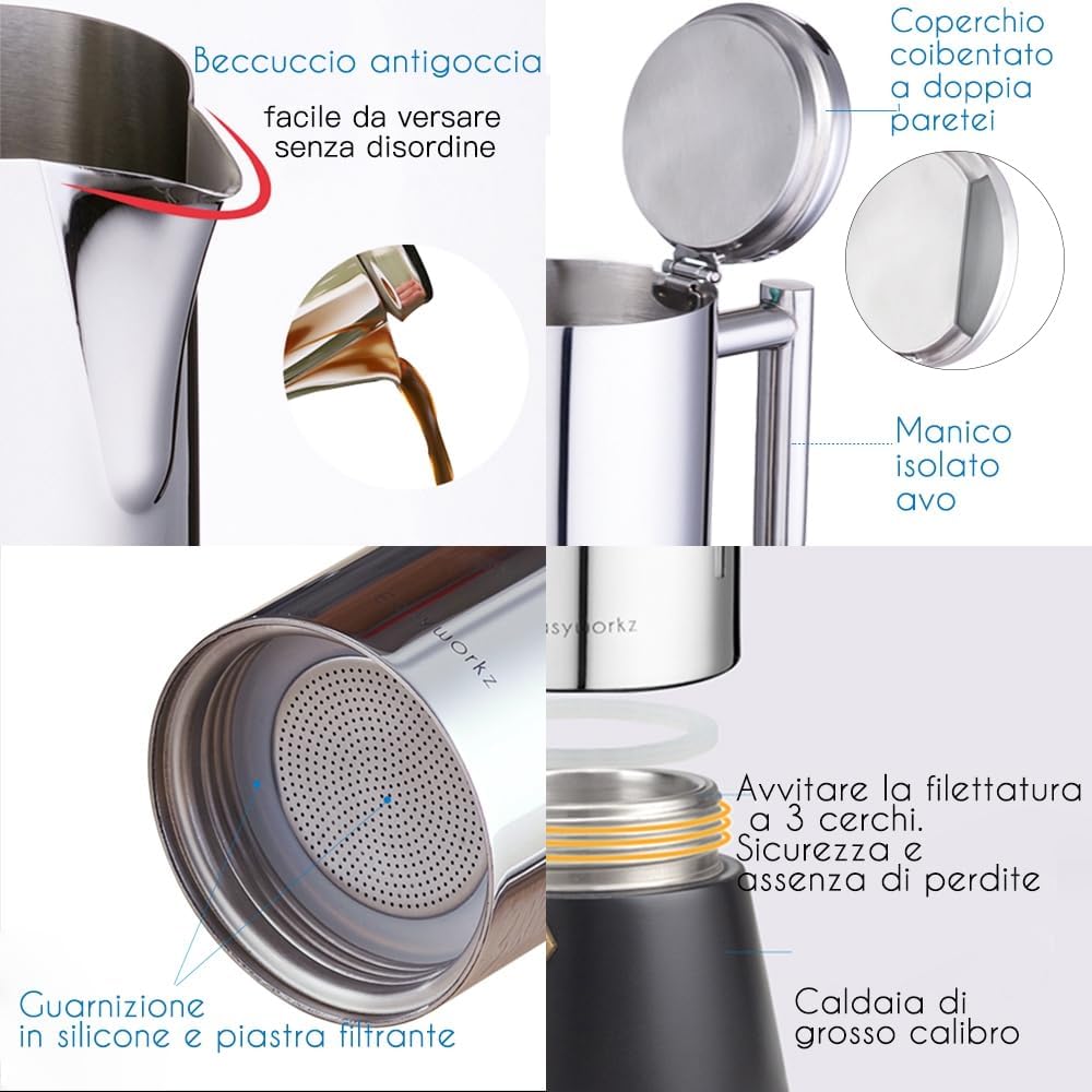 Easyworkz Diego Caffettiera Espresso 6 Tazze, Nera - immagine 4