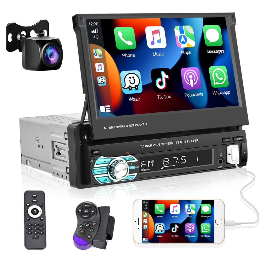 Podofo Autoradio 1 Din Carplay Android Auto 7" Retrattile
