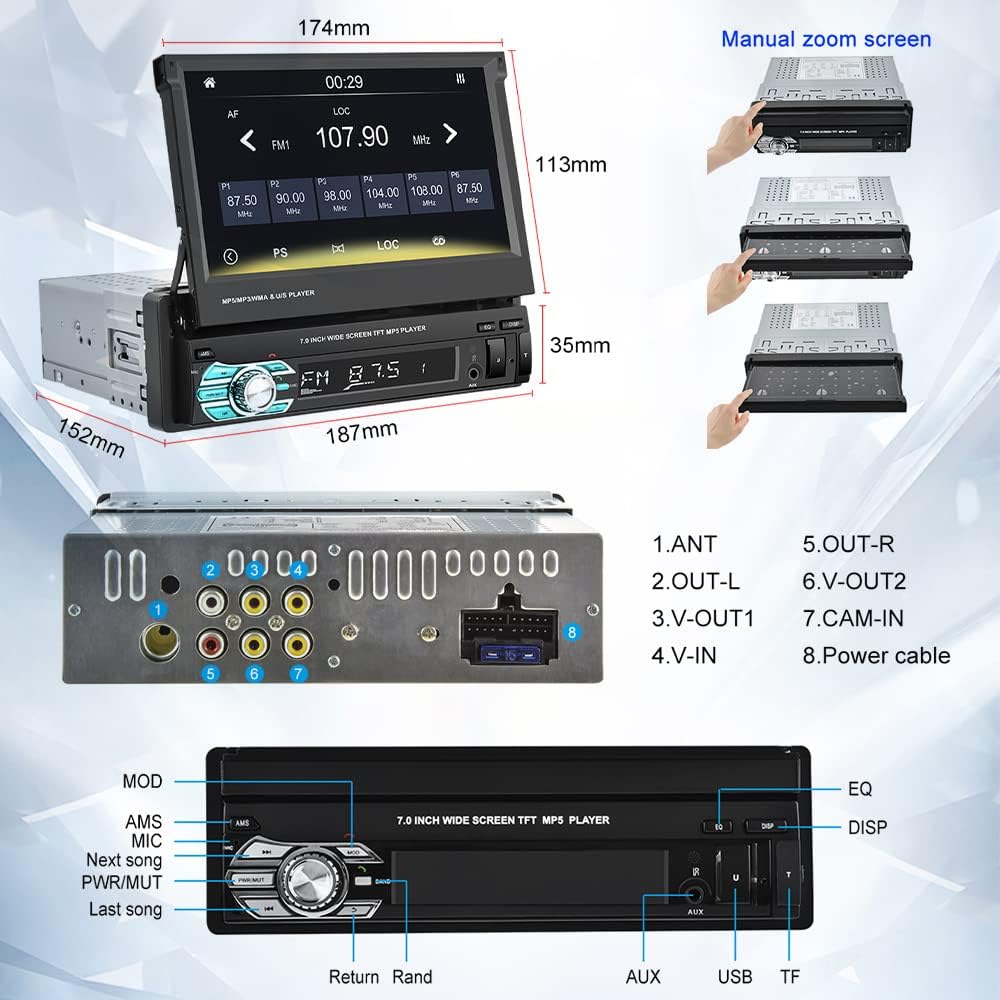 Podofo Autoradio 1 Din Carplay Android Auto 7" Retrattile - immagine 2