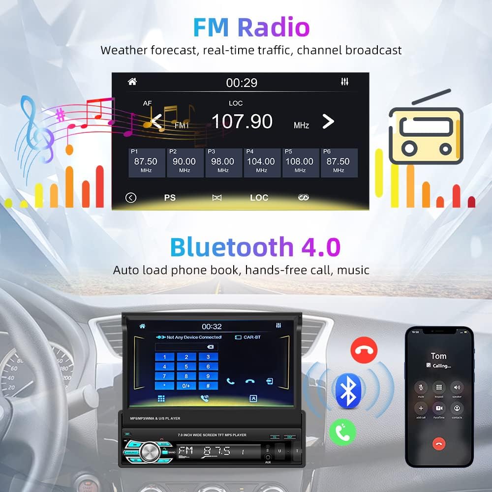 Podofo Autoradio 1 Din Carplay Android Auto 7" Retrattile - immagine 4