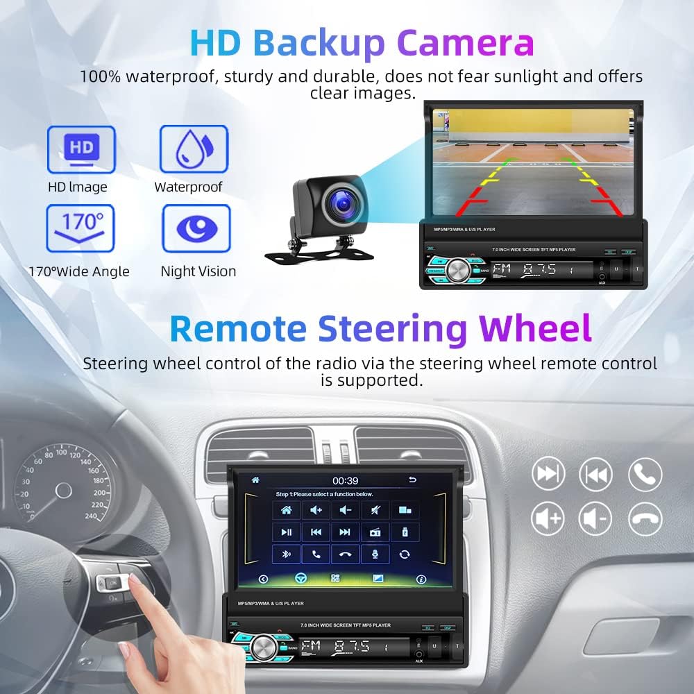 Podofo Autoradio 1 Din Carplay Android Auto 7" Retrattile - immagine 5