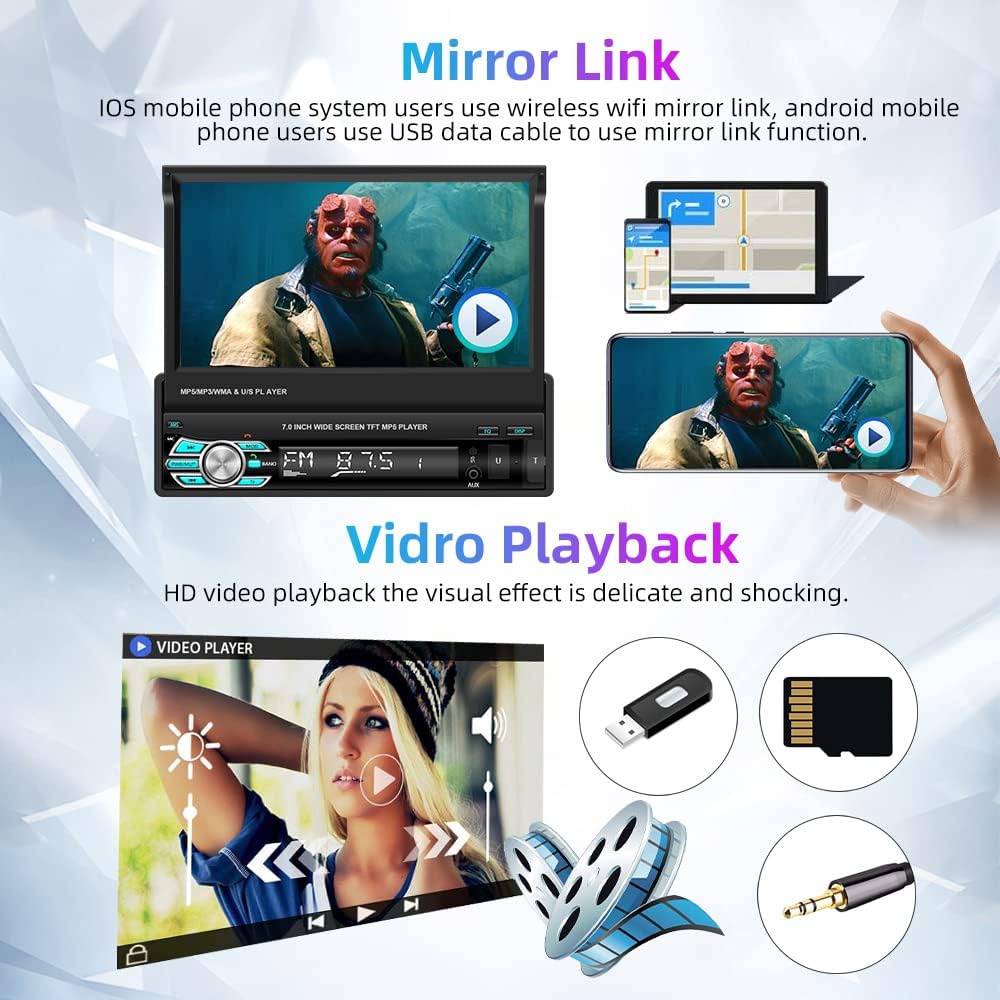 Podofo Autoradio 1 Din Carplay Android Auto 7" Retrattile - immagine 6