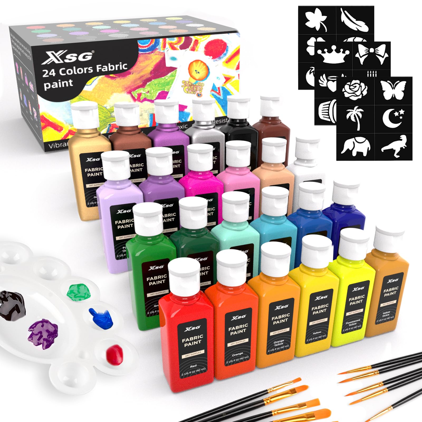 24 Colori per Tessuti 60ml con Pennelli e Stencil