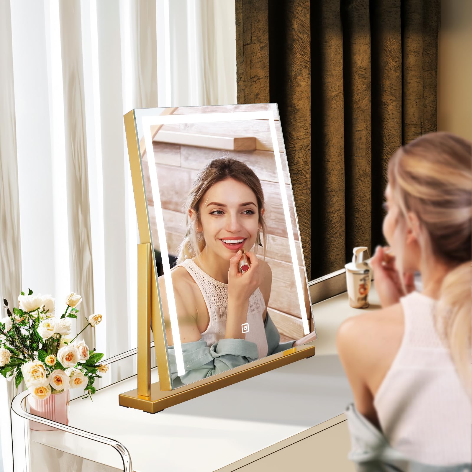 Mantolite Specchio Trucco LED Quadrato da Tavolo, Dorato