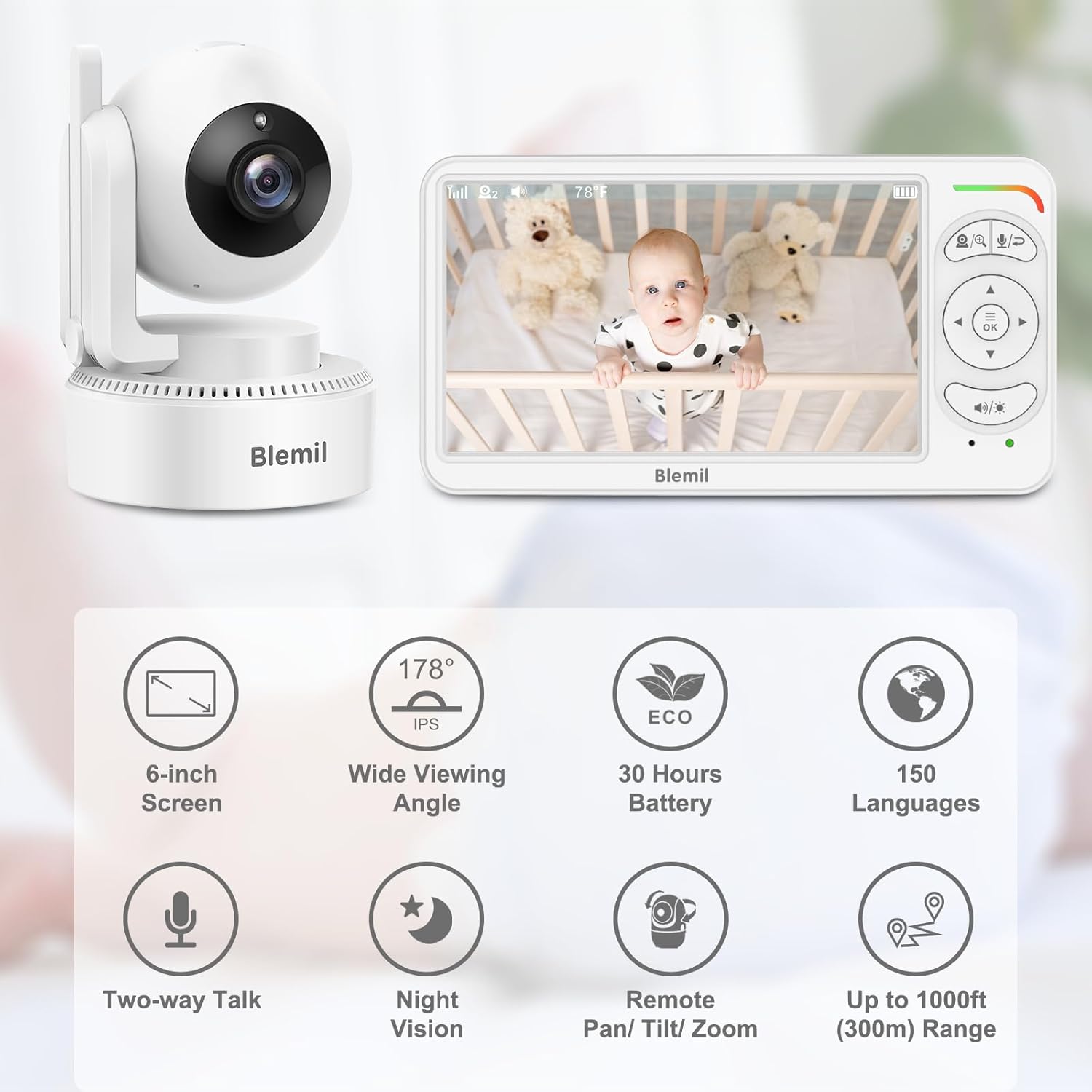 Blemil Baby Monitor con Fotocamera e Audio 6" IPS - immagine 2