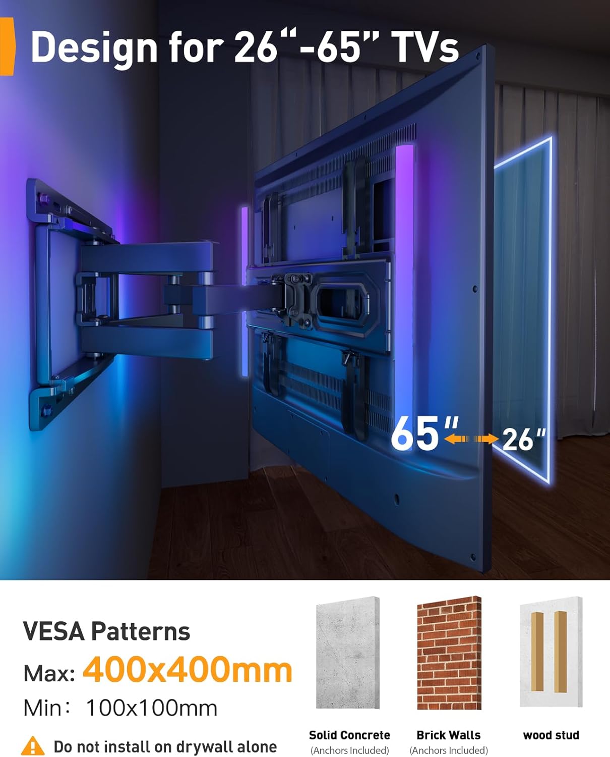 Perlegear Supporto TV Parete con Luci LED 26-65 Pollici - immagine 2