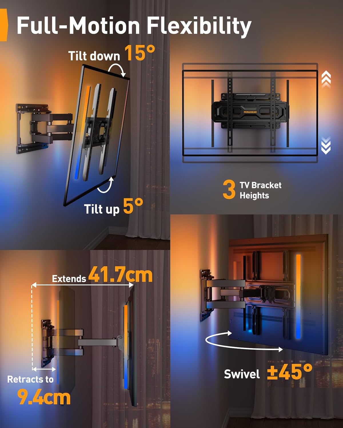 Perlegear Supporto TV Parete con Luci LED 26-65 Pollici - immagine 5