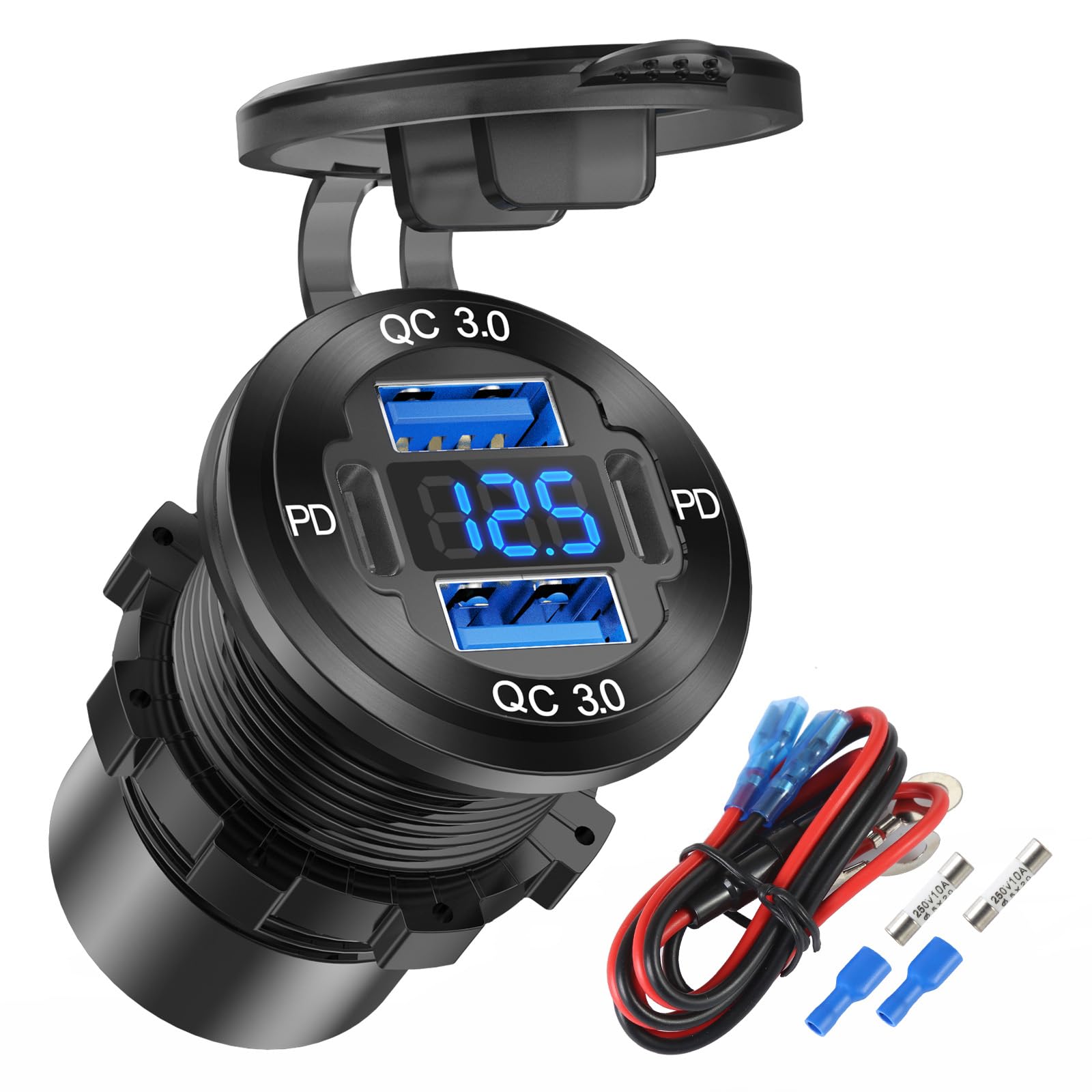 4 in 1) PD 30W USB C 12V 24V Presa per Marina: Presa USB da Pannello Interruttori DC 12 volt 150W Adattatore Accendisigari Caricabatteria Impermeabile per iPhone Auto Camper Roulotte