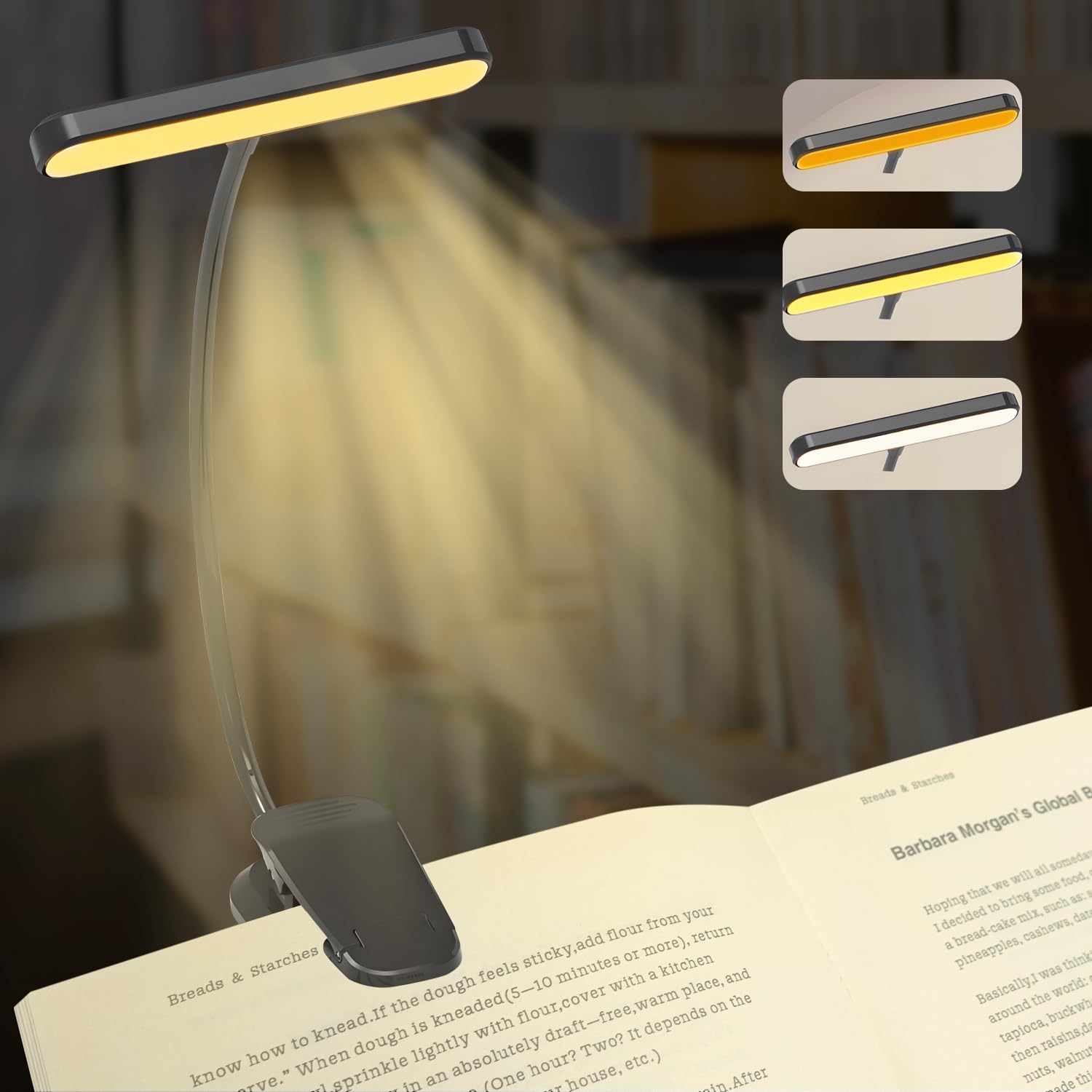 QUMOX Lampada da lettura ricaricabile a 25 LED per leggere a letto - Protegge gli occhi, 3 temperature di colore, 5 livelli di luminosità, autonomia da 5 a 50 ore. Lampada leggera con clip, Nero