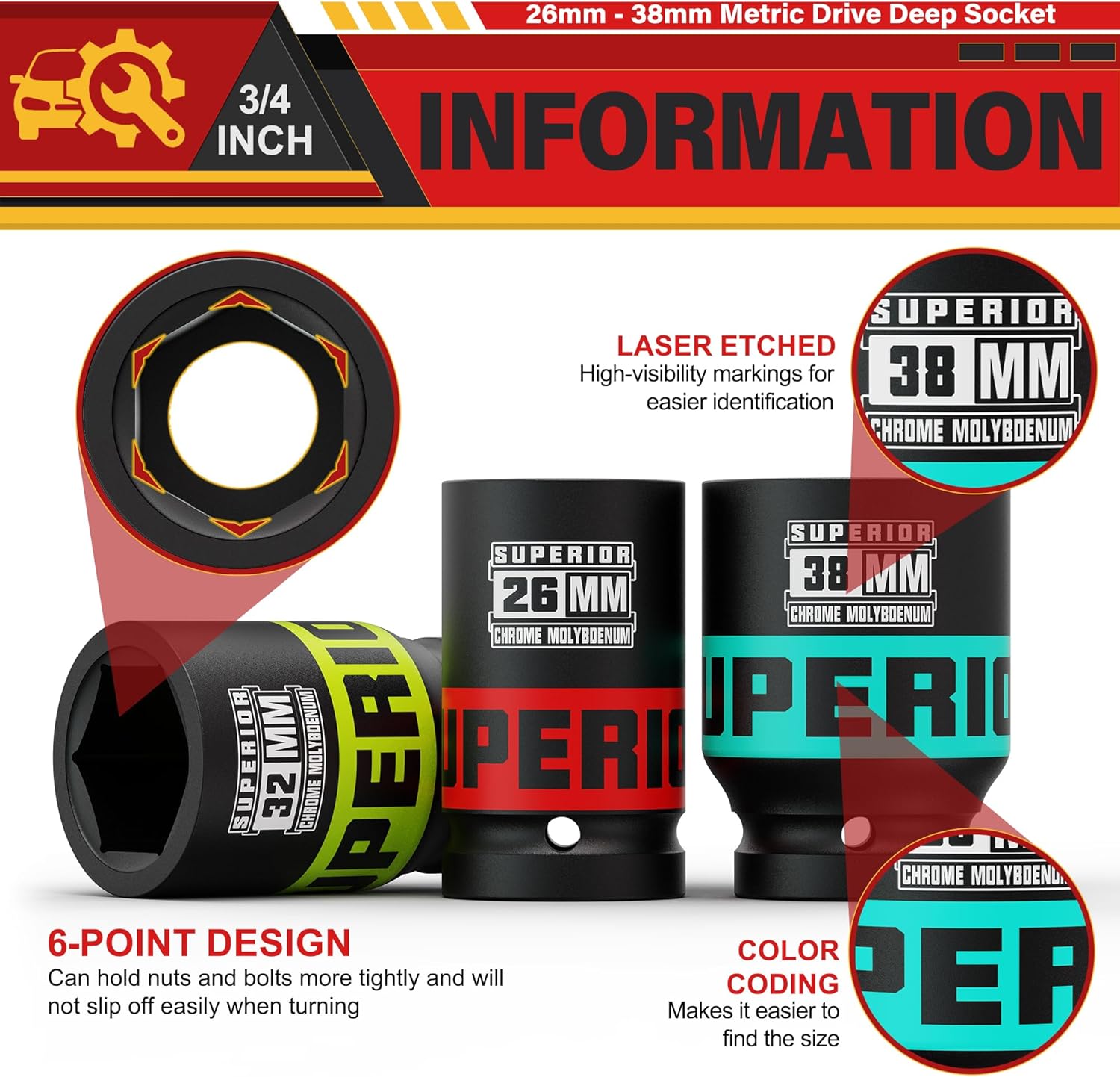 Kirxst Set Bussole a Impatto 3/4", 8 Pezzi - immagine 3