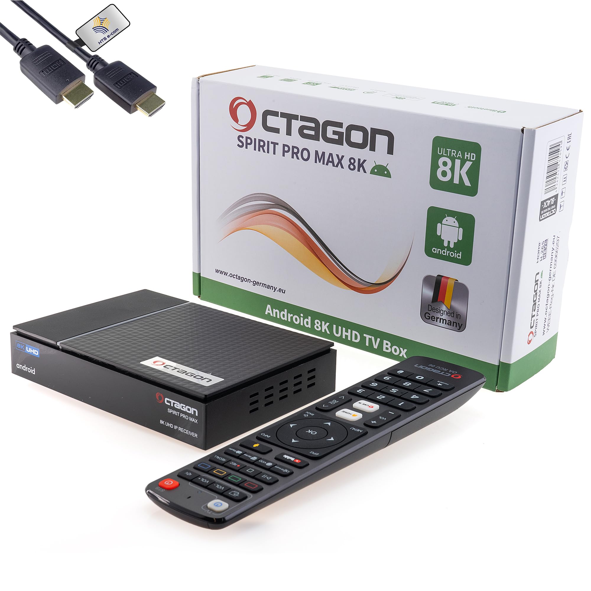 Octagon Spirit Pro Max 8K UHD Android TV 11 Media Streaming Box, 5G WLAN, telecomando BT, ARM Mali G31 MP2 450, ARM Cortex-A55, 4GB RAM, 64GB Flash, USB 3.0, cavo HDMI HTS e-com