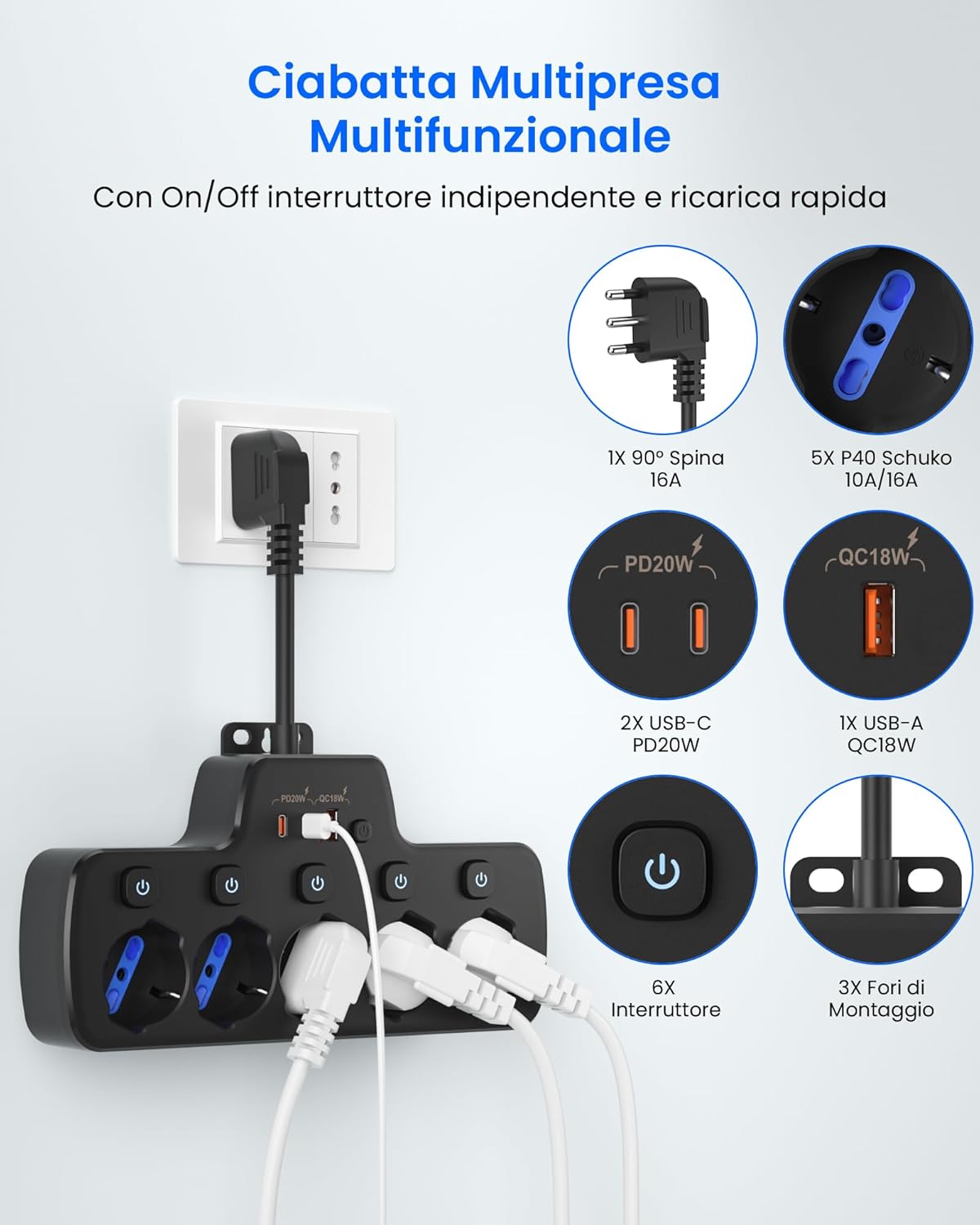 Presa Multipla Salvaspazio con Interruttori Indipendenti - immagine 2