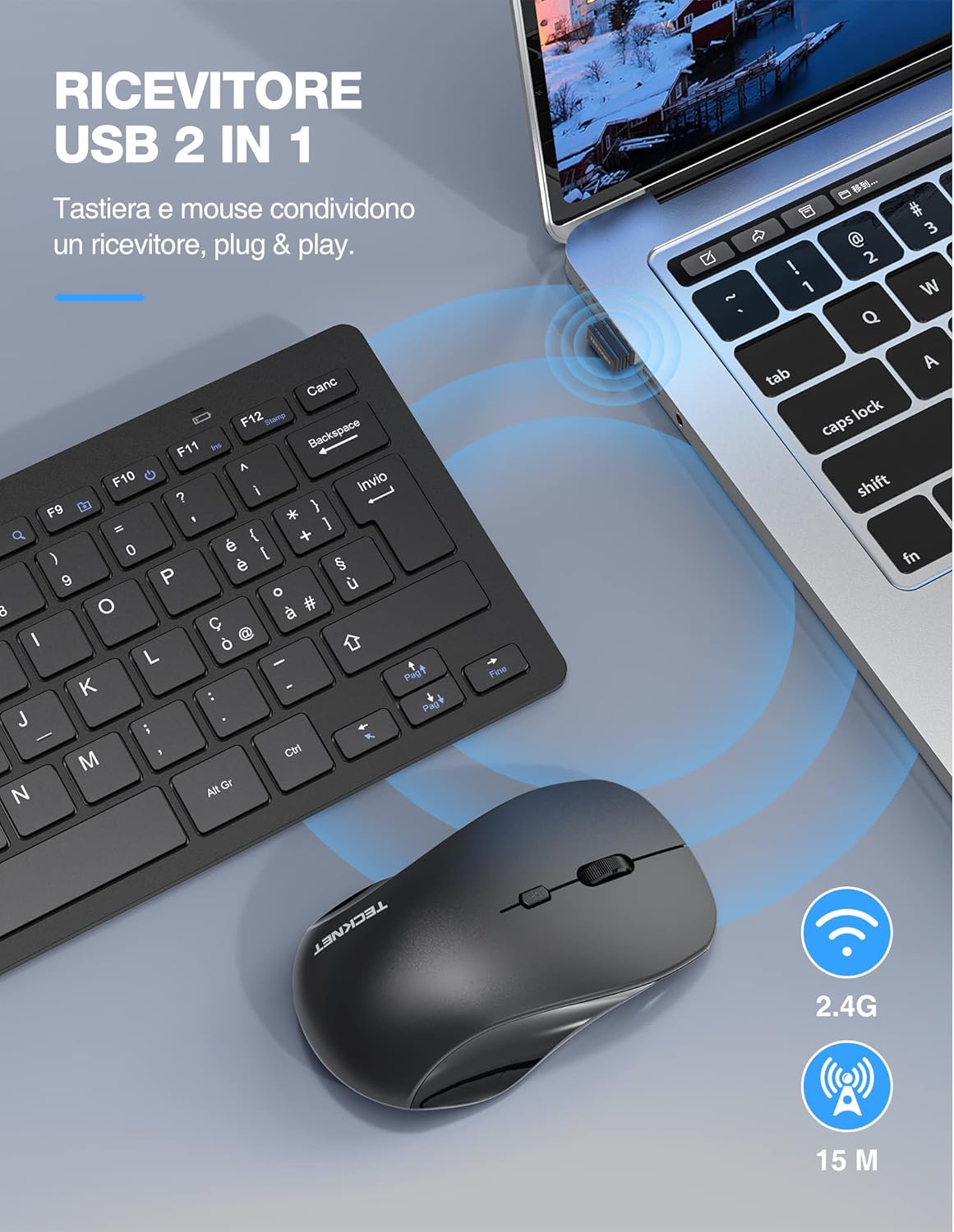 Tecknet Set Tastiera e Mouse Wireless 2.4G - immagine 2