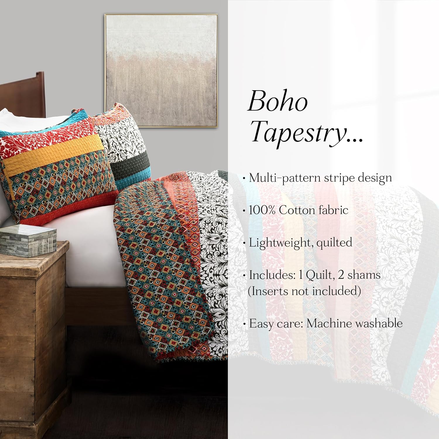 Lush Decor Boho Stripe, Cotone, Turchese e Mandarino, King - immagine 7