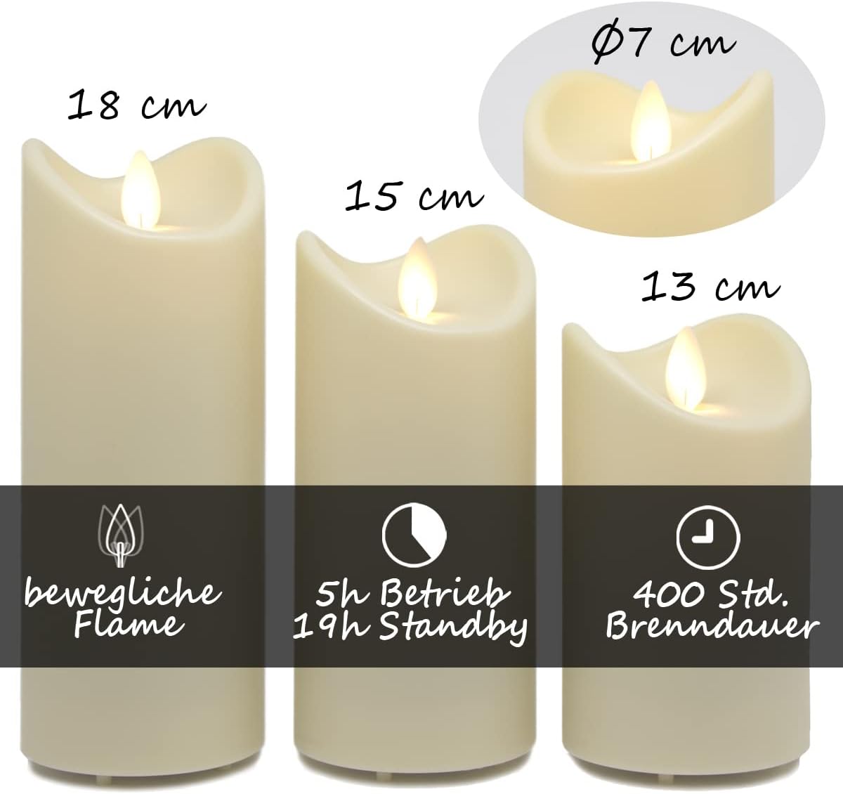 TRONJE Set 3 Candele LED da Esterno 13-18cm, Crema - immagine 4