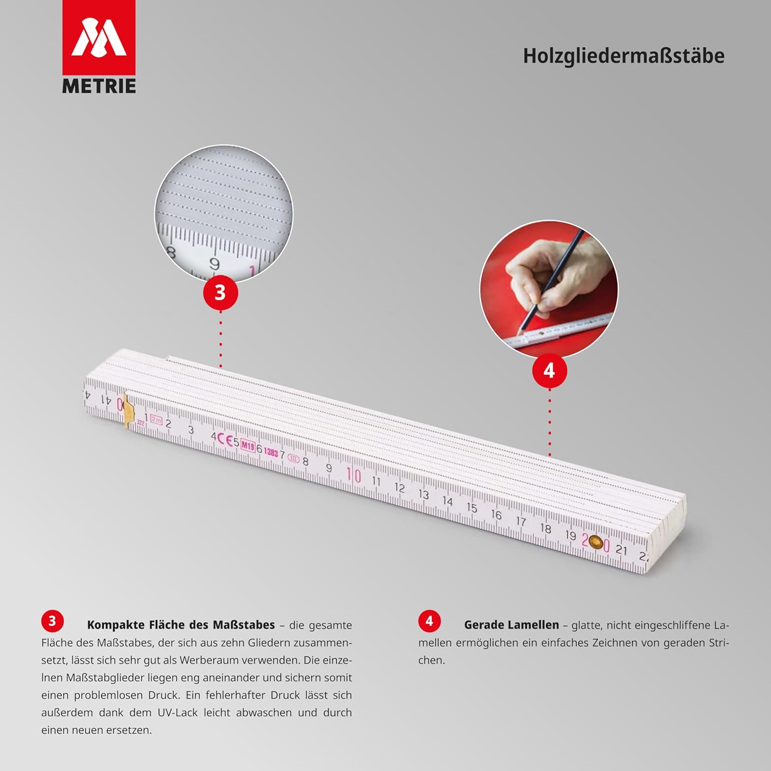 Metrie PERFEKT Holz Zollstock 2m, 10 Pezzi, Bianco - immagine 4