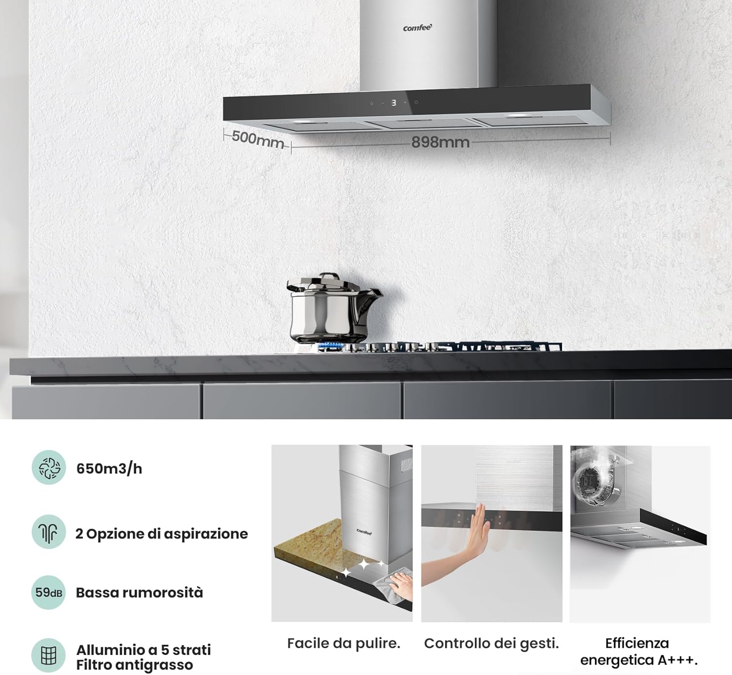 Comfee' Cappa Aspirante 90 cm Classe A+++ - immagine 2