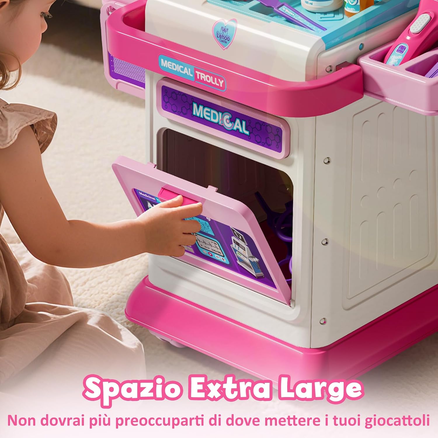 Lehoo Castle Kit Dottoressa Bambina con Carrello Medico, Rosa - immagine 4