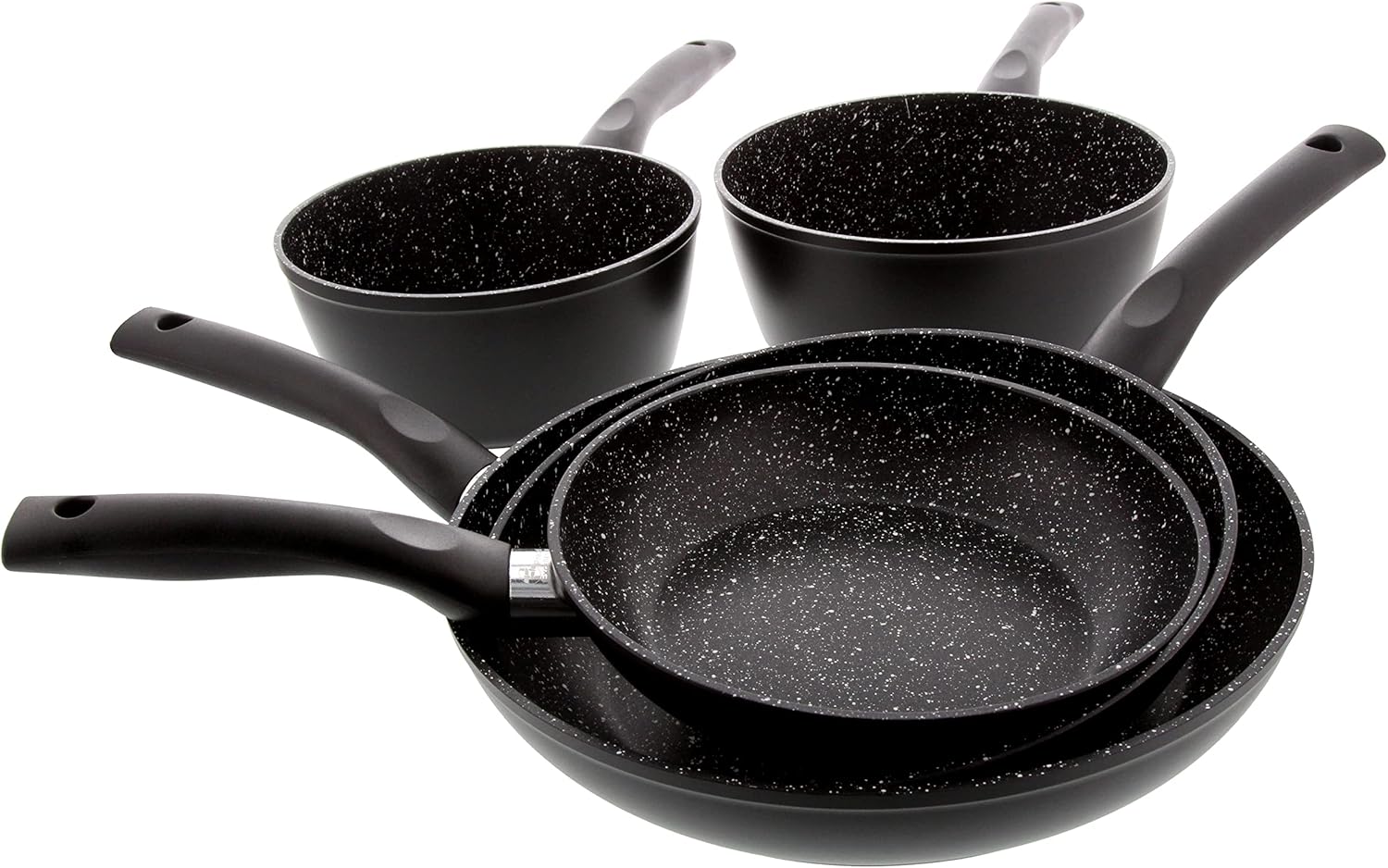 Set di 3 padelle da 20,24,28 cm + 2 scatole da 18,20 cm, colore: nero