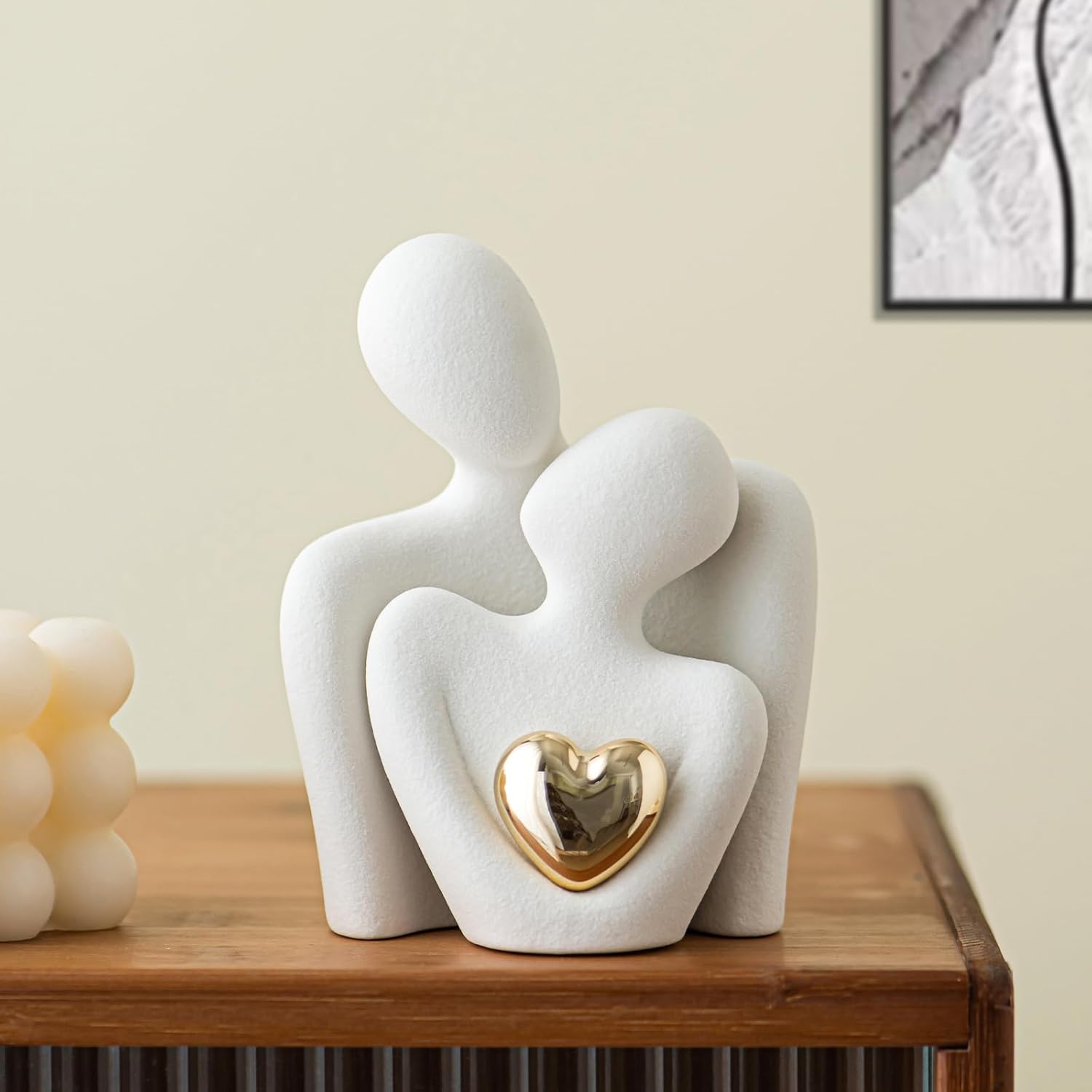 Coppia di Innamorati Statua, Scultura Moderna Dorato Cuore - immagine 5