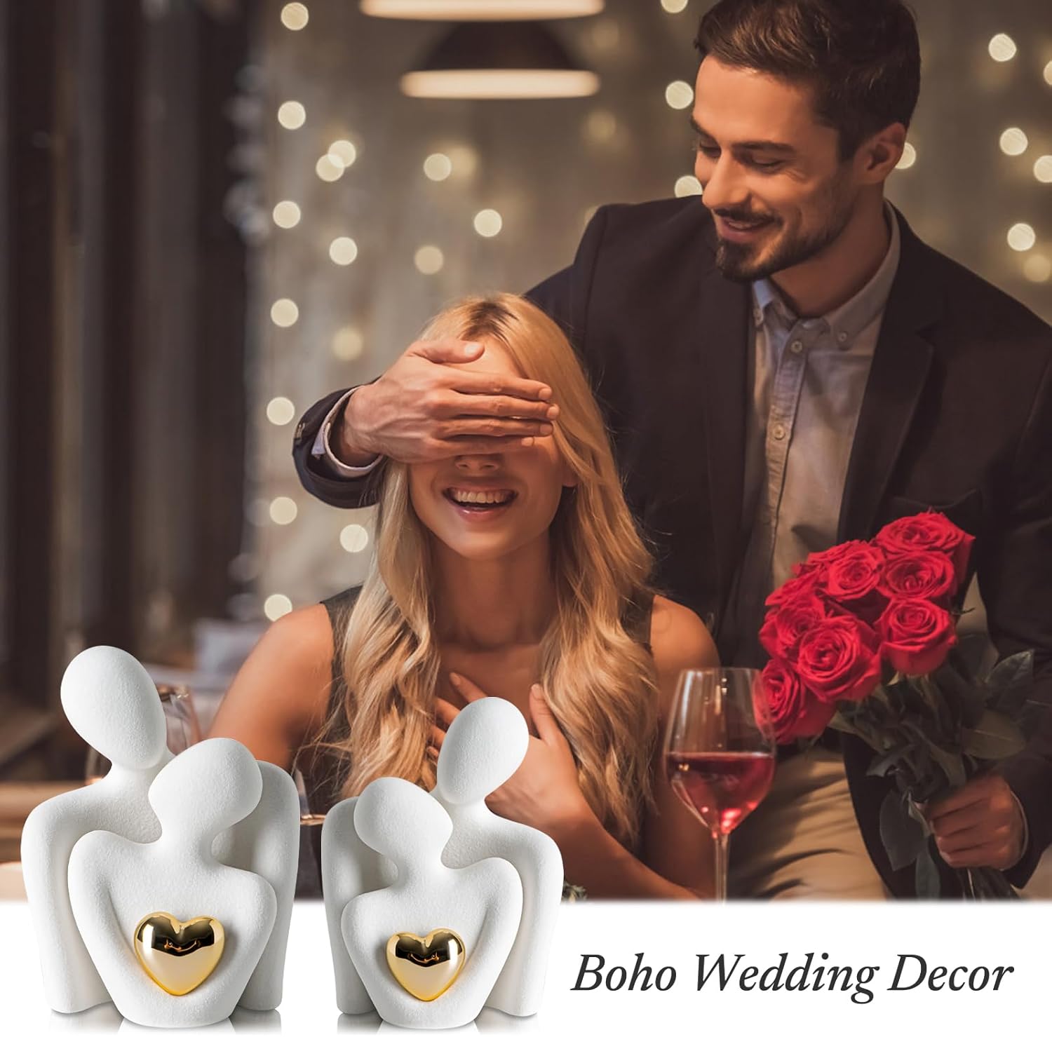 Coppia di Innamorati Statua, Scultura Moderna Dorato Cuore - immagine 6