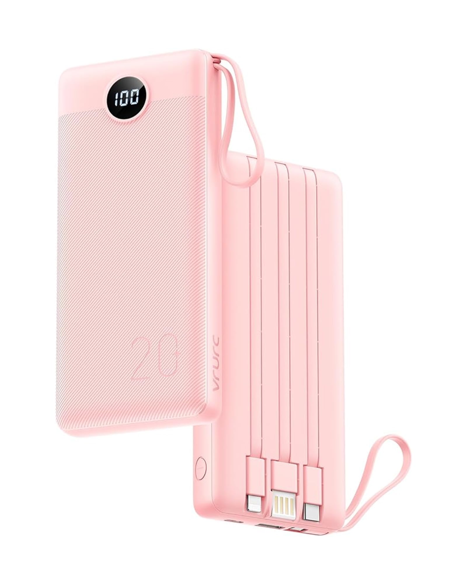 Vrurc Power Bank 20000mAh con Cavi Integrati - Rosa