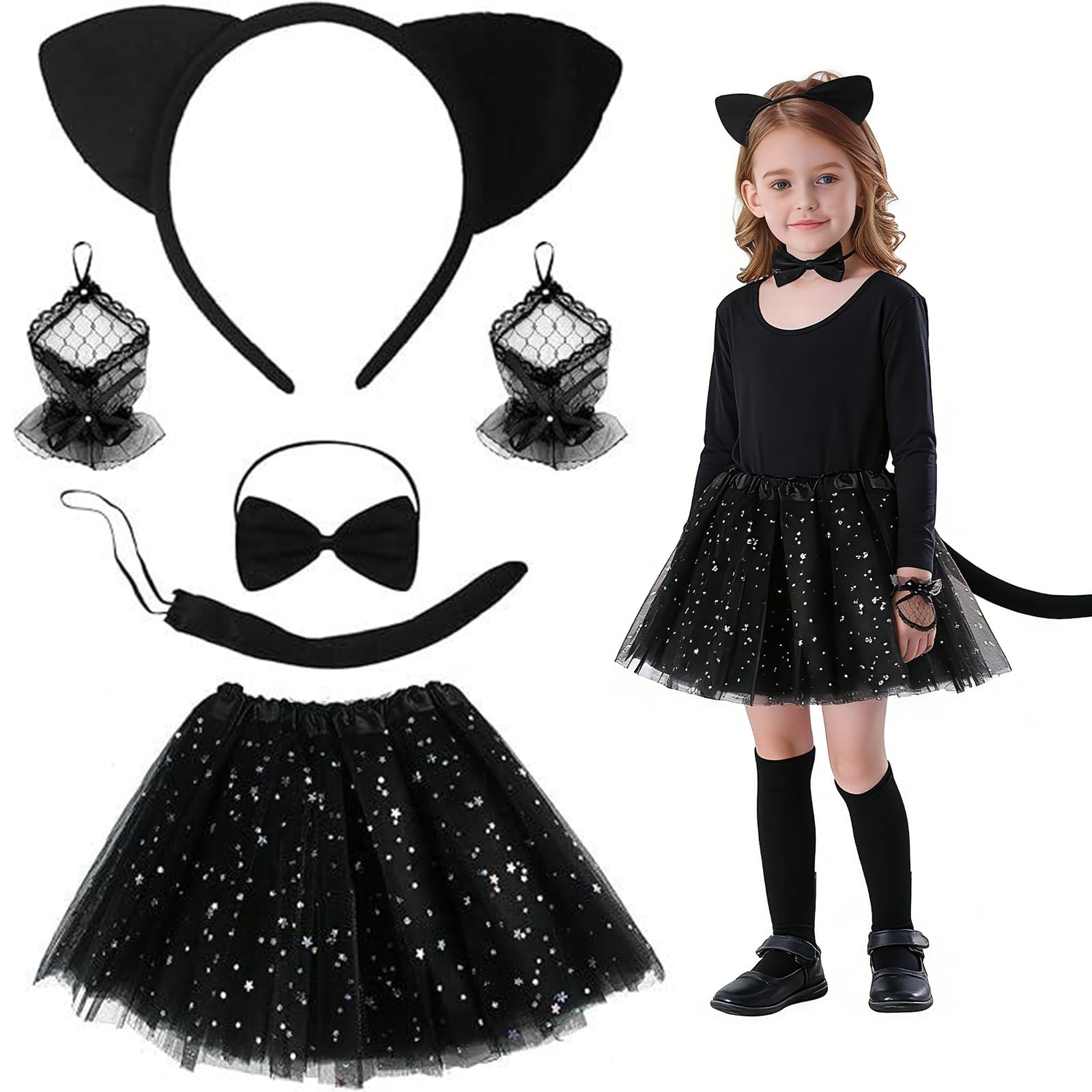 Costume Gatto Bambina, Costume Carnevale Gatto Bambina, Vestiti Carnevale con Tutu Gonna, Cerchietto Orecchie, Maniche di Pizzo, Papillon e Coda, Vestito Gattina per Halloween Carnival Cosplay