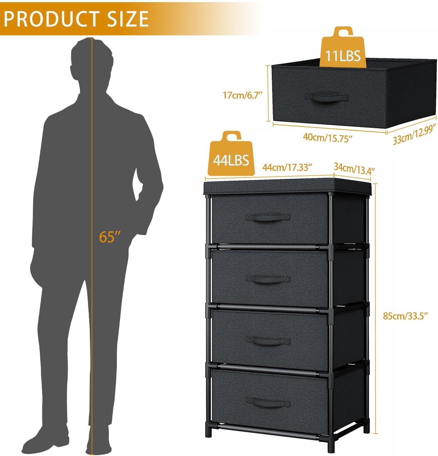 Wangirl Cassettiera in Tessuto 4 Cassetti, Nero - immagine 3