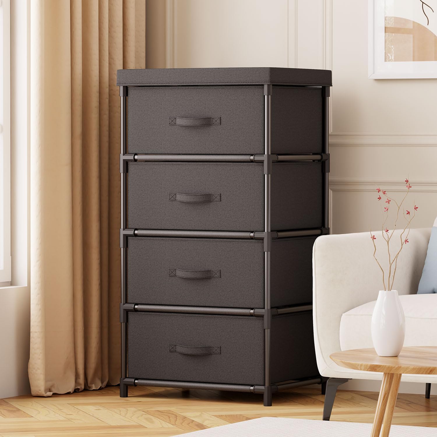 Wangirl Cassettiera in Tessuto 4 Cassetti, Nero - immagine 4