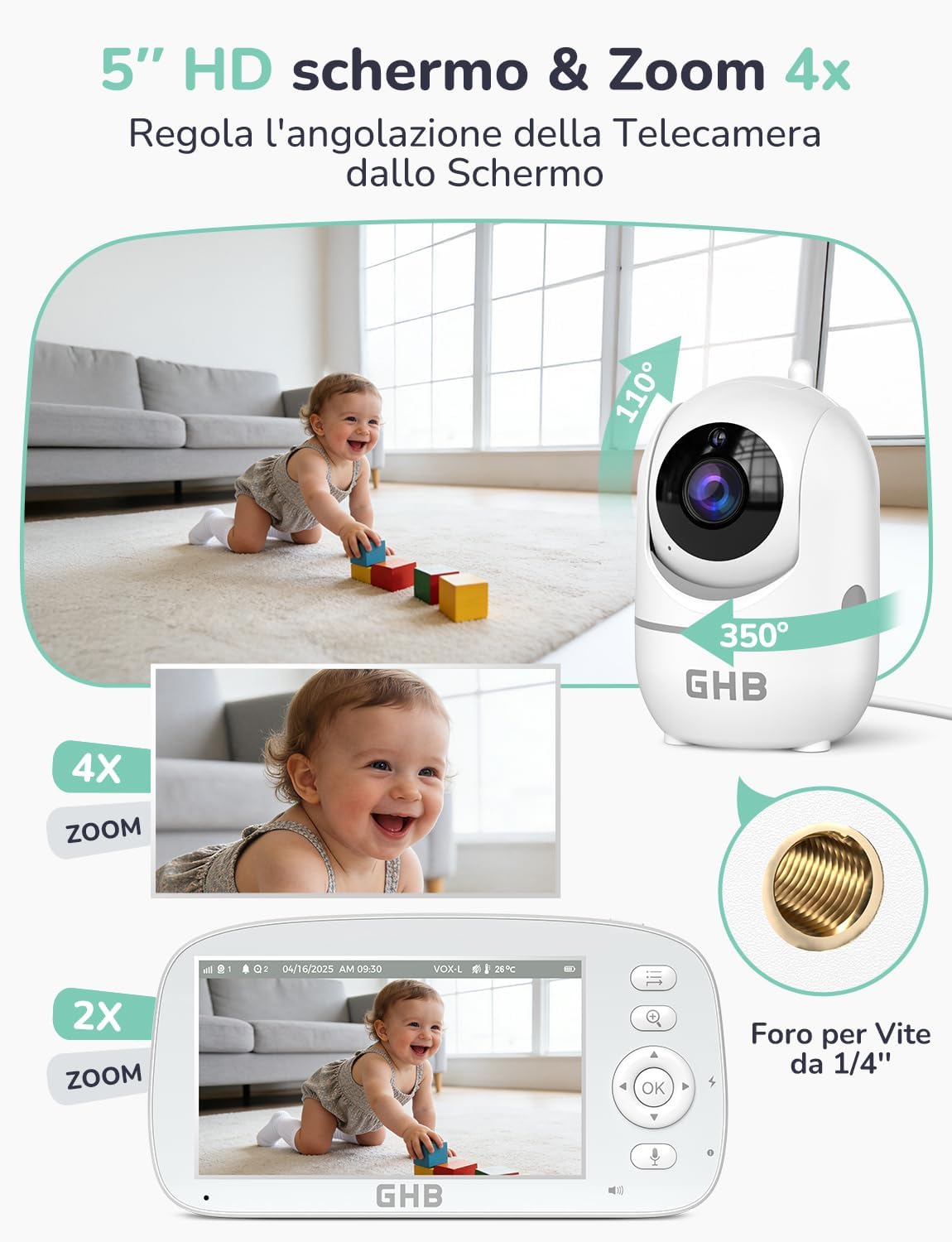 Ghb Baby Monitor Video e Audio 5'' 720P - immagine 4
