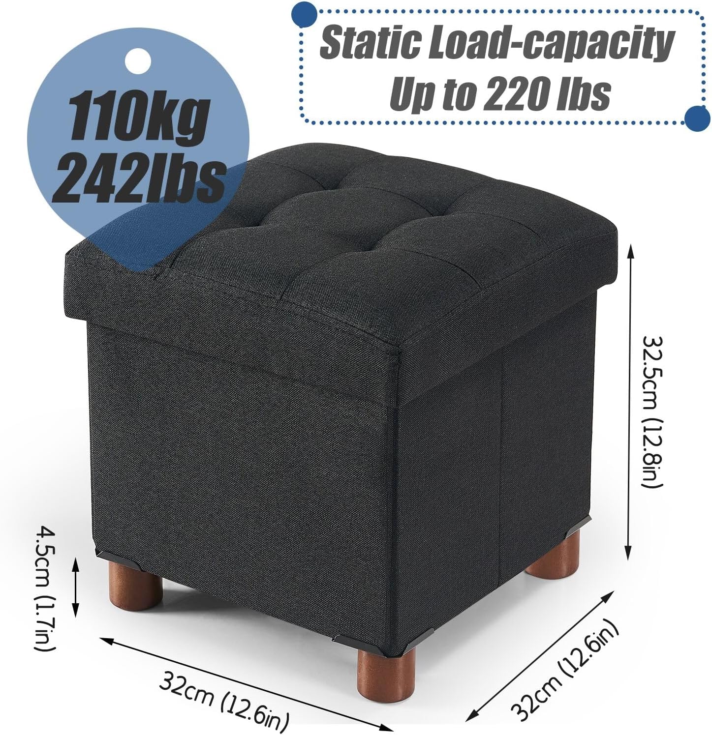 Brian & Dany Pouf Poggiapiedi Contenitore Pieghevole, Nero - immagine 2