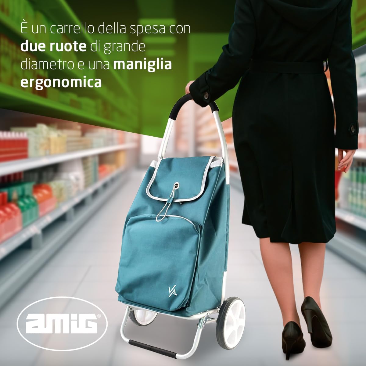Amig Carrello Spesa 2 Ruote con Borsa Termica, Verde - immagine 3