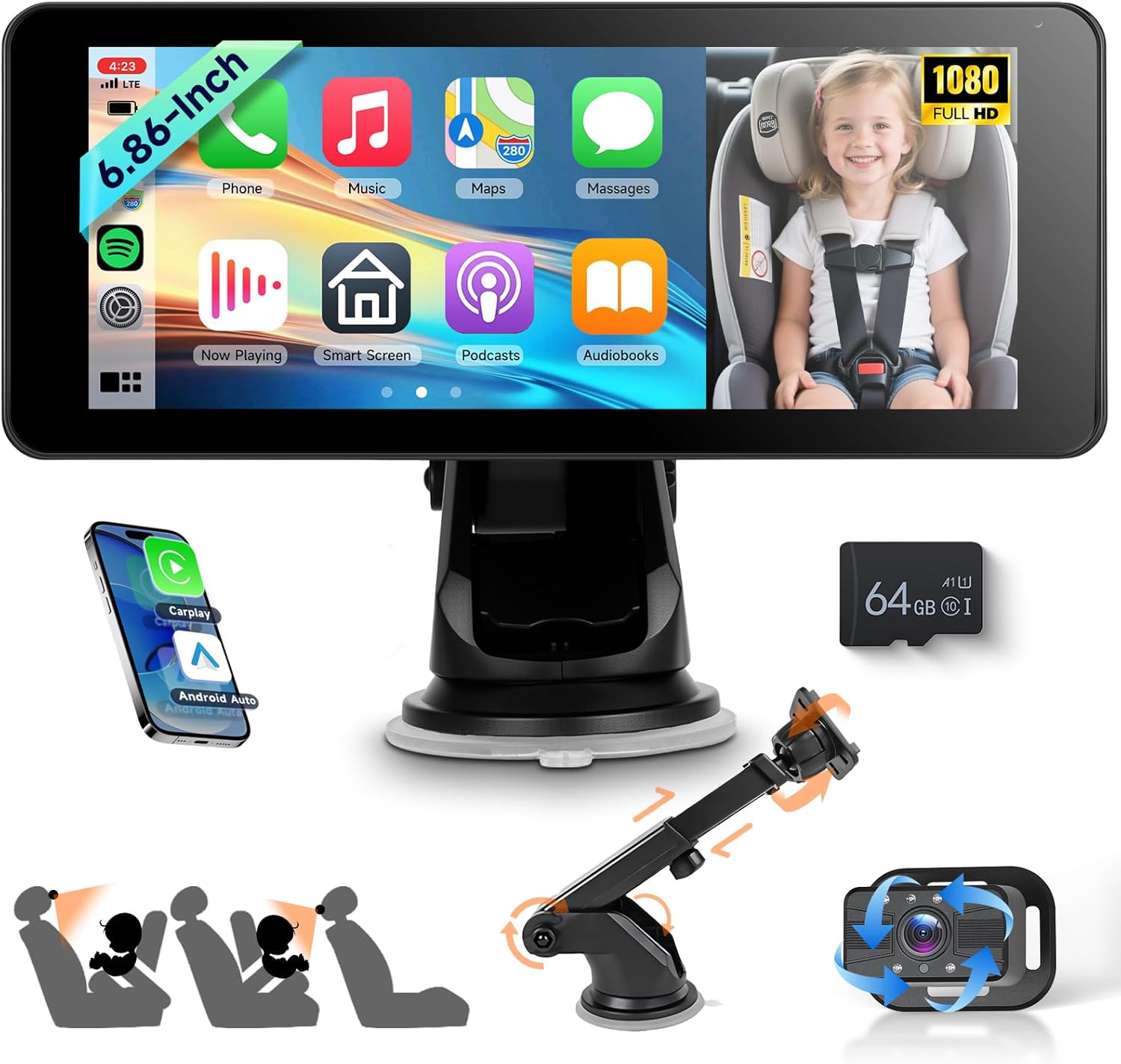 Telecamera Auto Bambini 6.86" HD 720P con Schermo Diviso - immagine 1