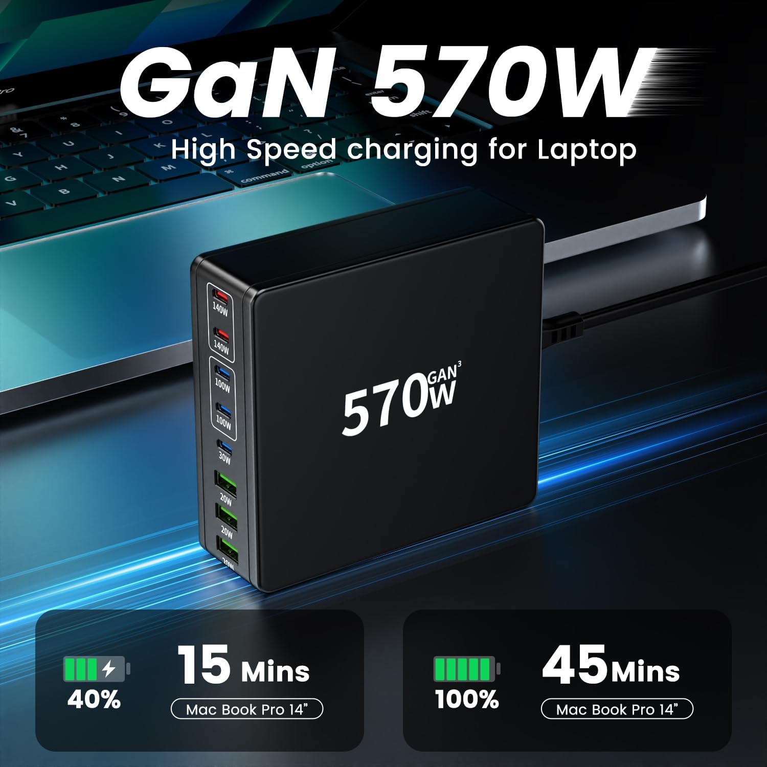 Hssns Caricatore USB C Multiplo 570W - 8 Porte - immagine 2