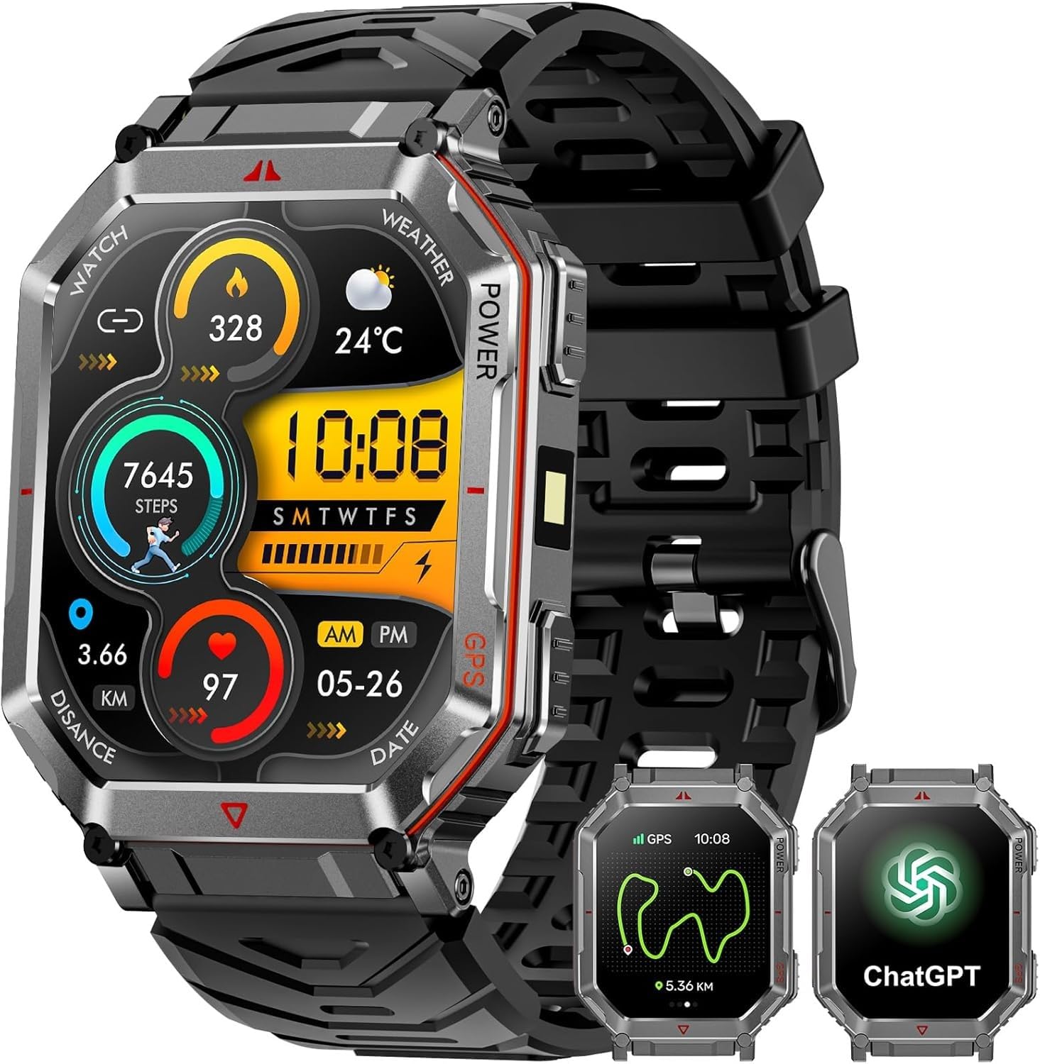 Mingdaln Smartwatch Militare Uomo con GPS/Bussola, Nero