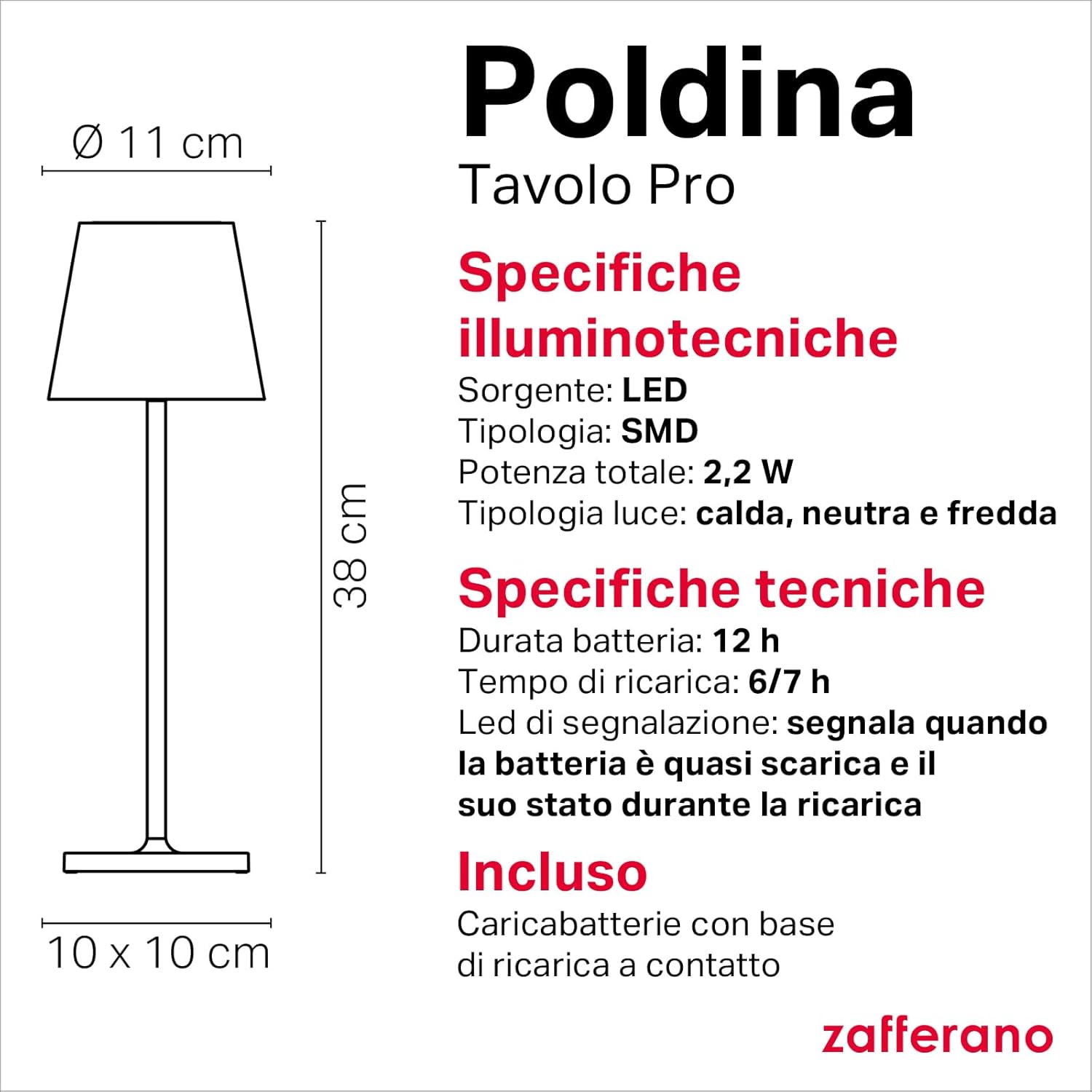 Zafferano Poldina Pro - Lampada da Tavolo Ricaricabile 38cm - immagine 4