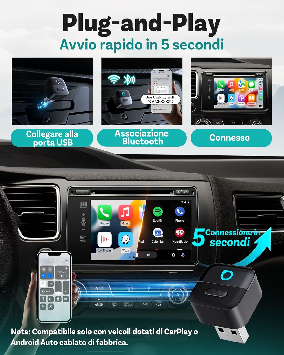 Ottocast Mini Pico CarPlay Adattatore Wireless 2026 - immagine 6