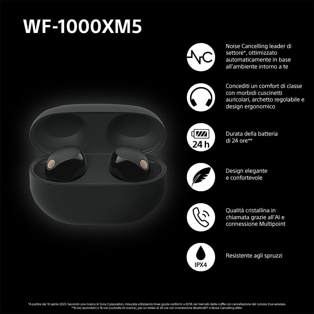 Sony WF-1000XM5 - Cuffie Wireless Noise Cancelling, Nero - immagine 7
