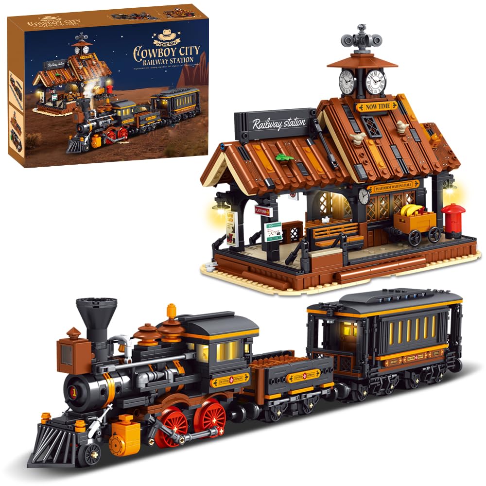 39117 Cowboy City Train Station Building Blocks con luci a LED, 2640 PCS Stazione ferroviaria occidentale e treno a vapore Model Kit per adulti, Wild West Architecture