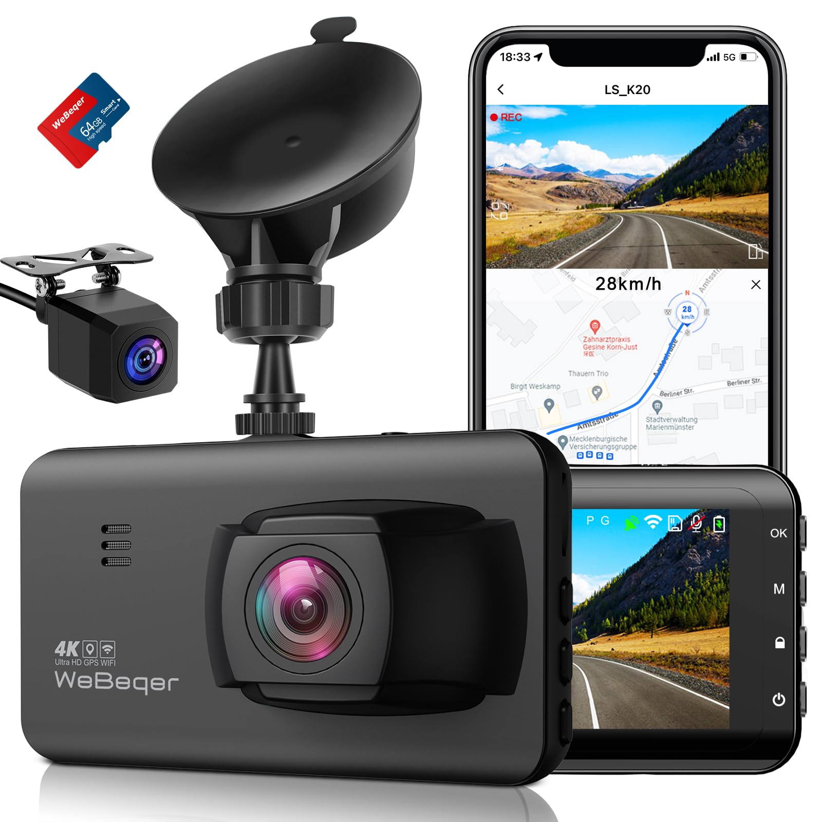 Webeqer Wifi Dash Cam Auto 4K 1080P Full HD